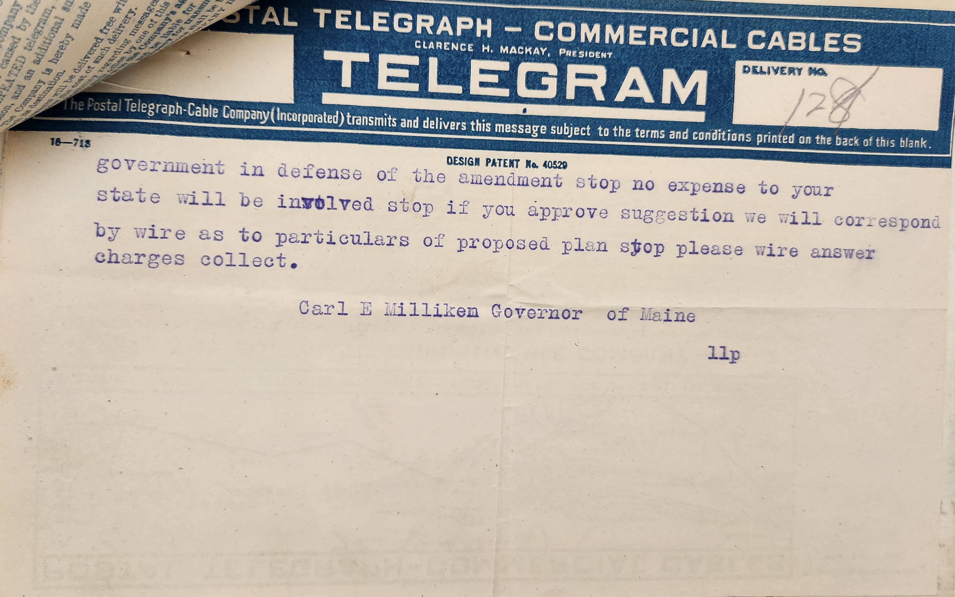 Telegram from Milliken to Bickett, January 19, 1920, page 2