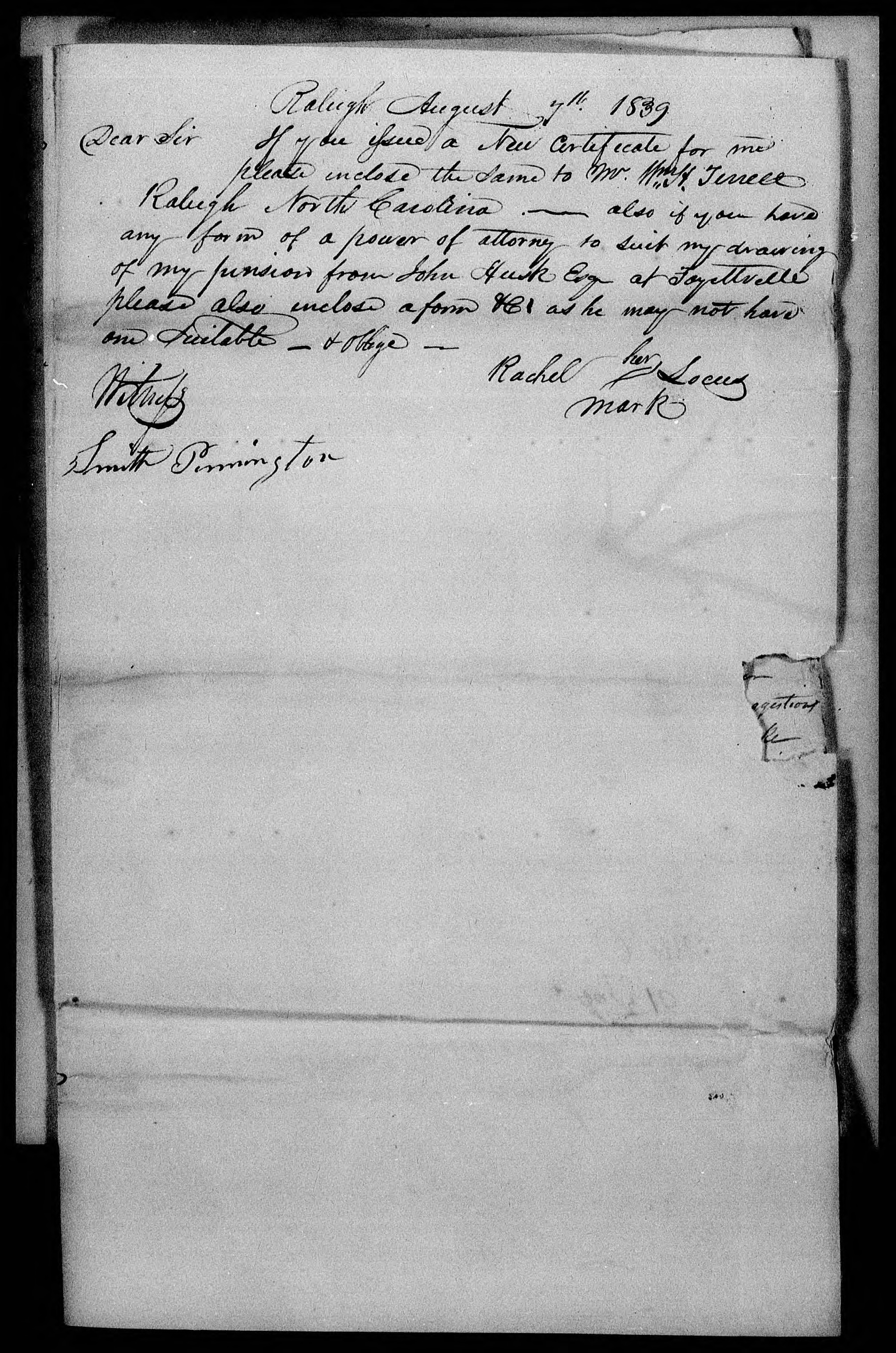 Letter from Rachel Locus to the United States Pension Office, 7 August 1839