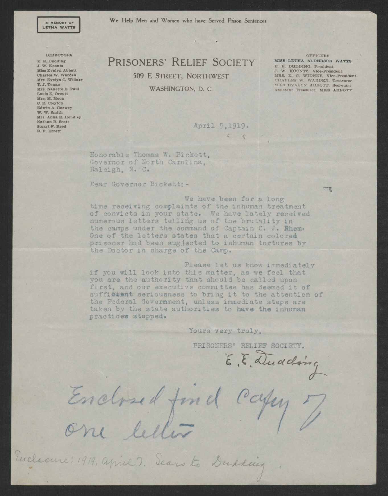 Letter from Dudding to Bickett, April 9, 1919