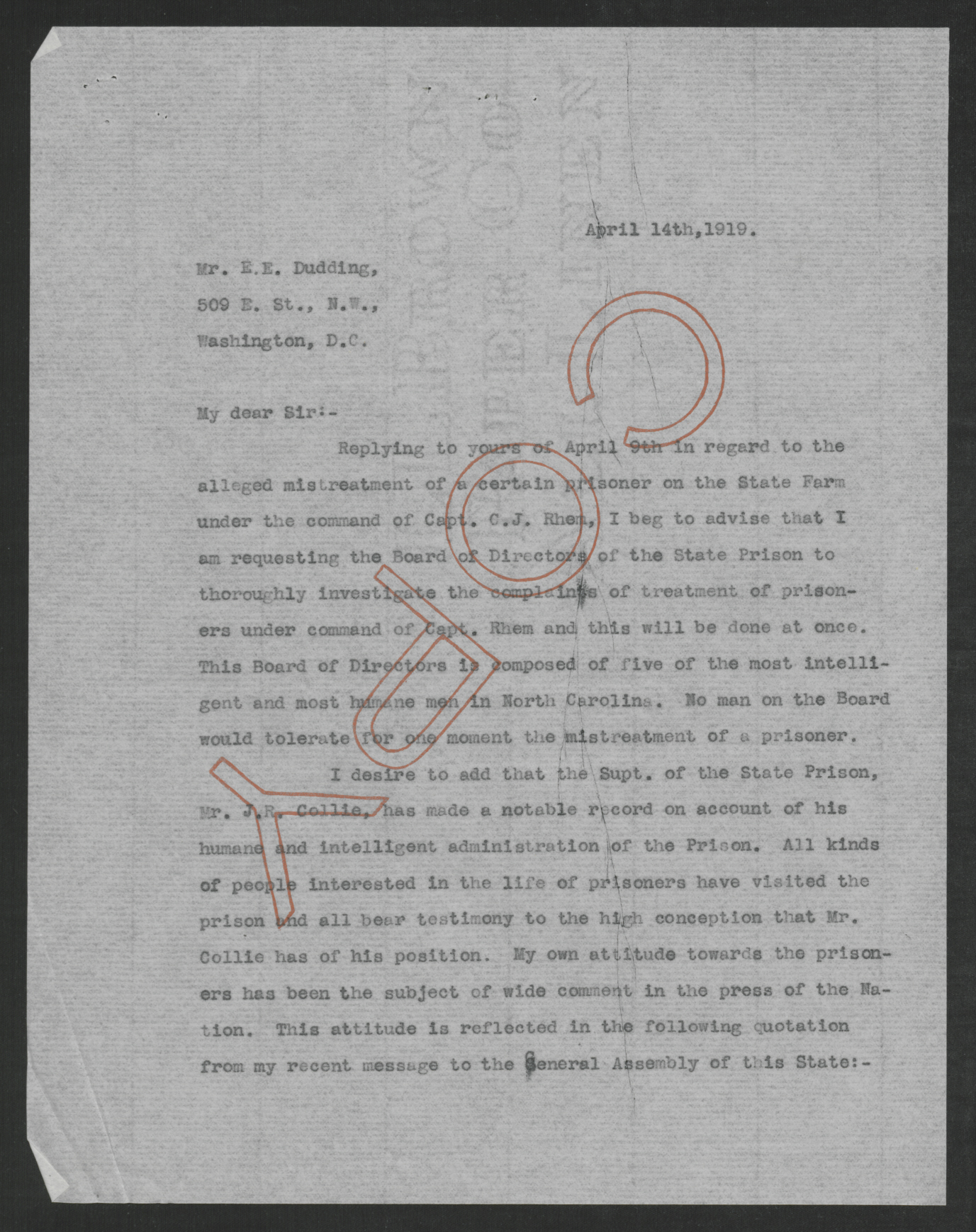 Letter from Bickett to Dudding, April 14, 1919, page 1
