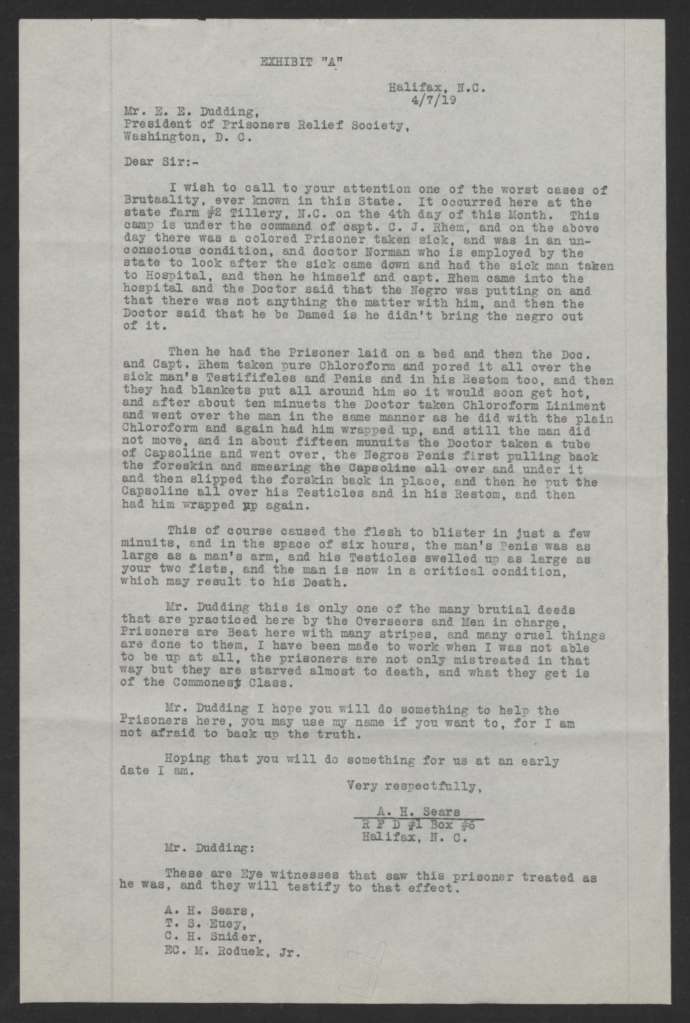 Exhibit A in the Investigation of the Charges Made by Inmates of the State Prison Farm to Earl E. Dudding, 12 May 1919