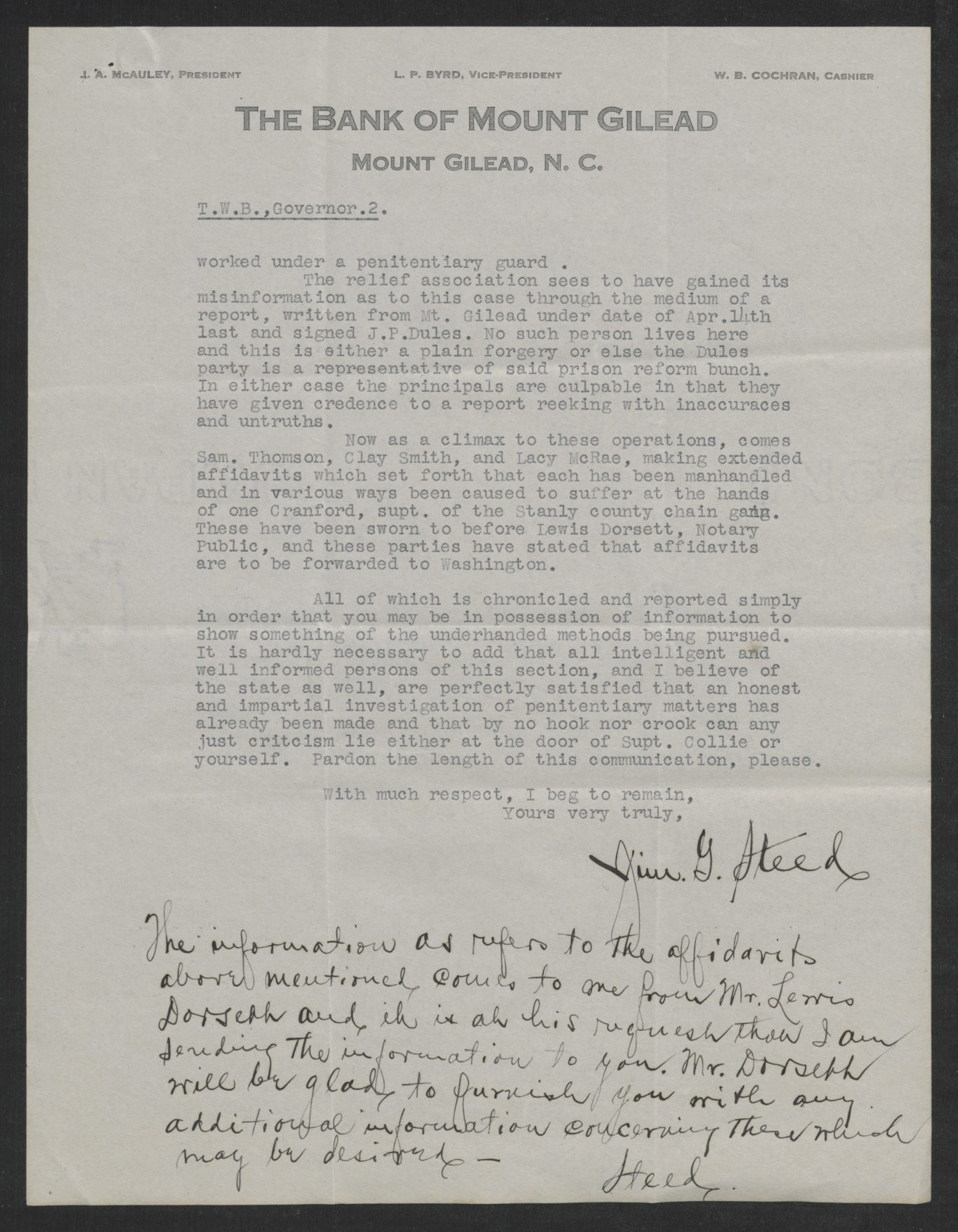 Letter from Steed to Bickett, July 1, 1919, page 2
