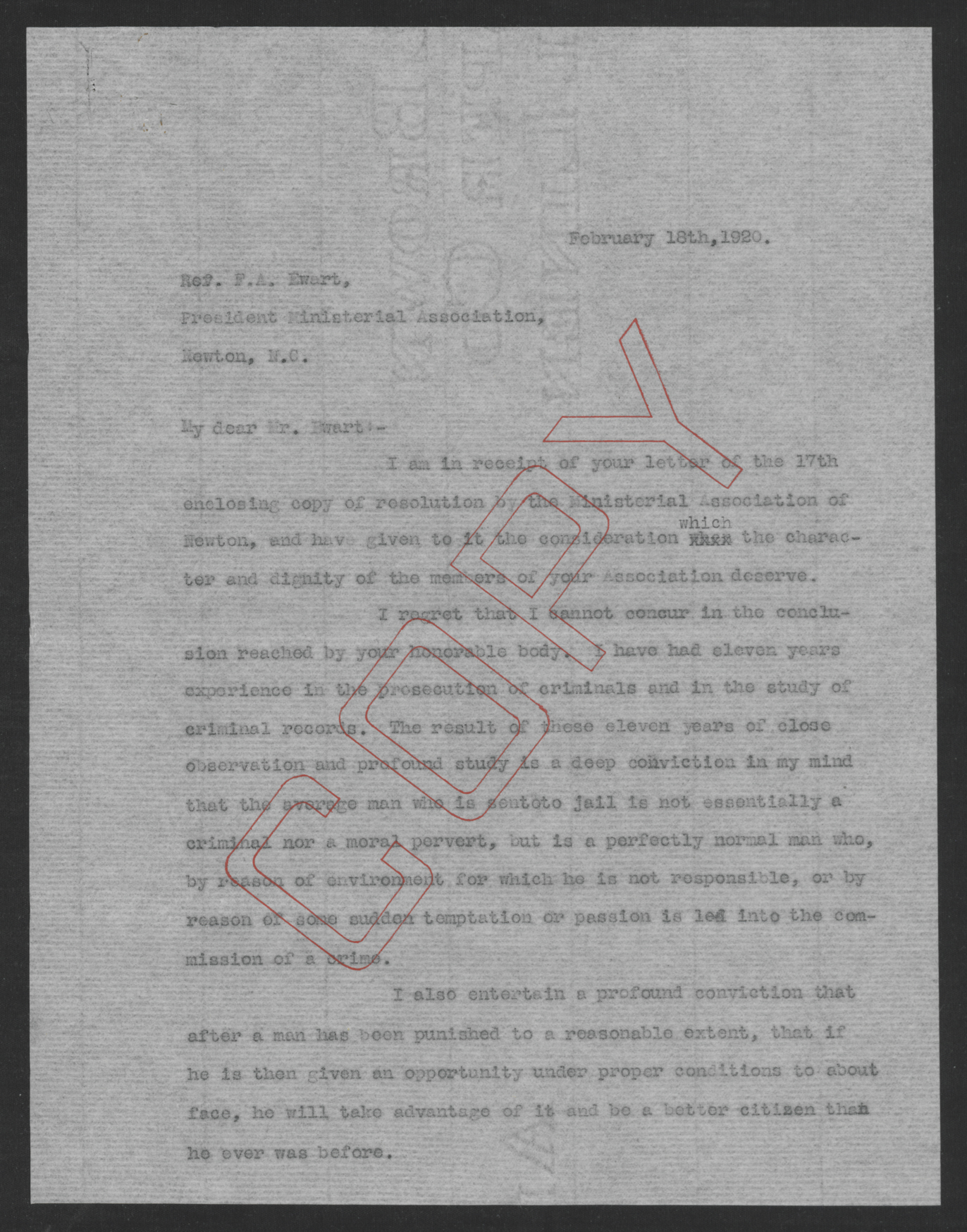 Letter from Bickett to Ewart, February 18, 1920, page 1