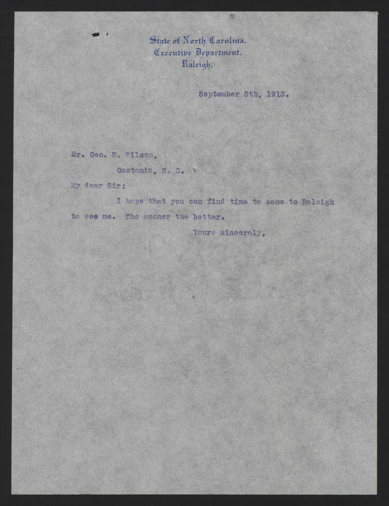 Letter from Craig to Wilson, September 5, 1913