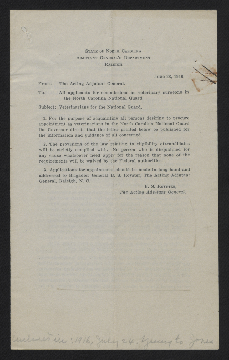 Circular Letter from Royster to Veterinary Surgeons of the N.C.N.G., June 28, 1916