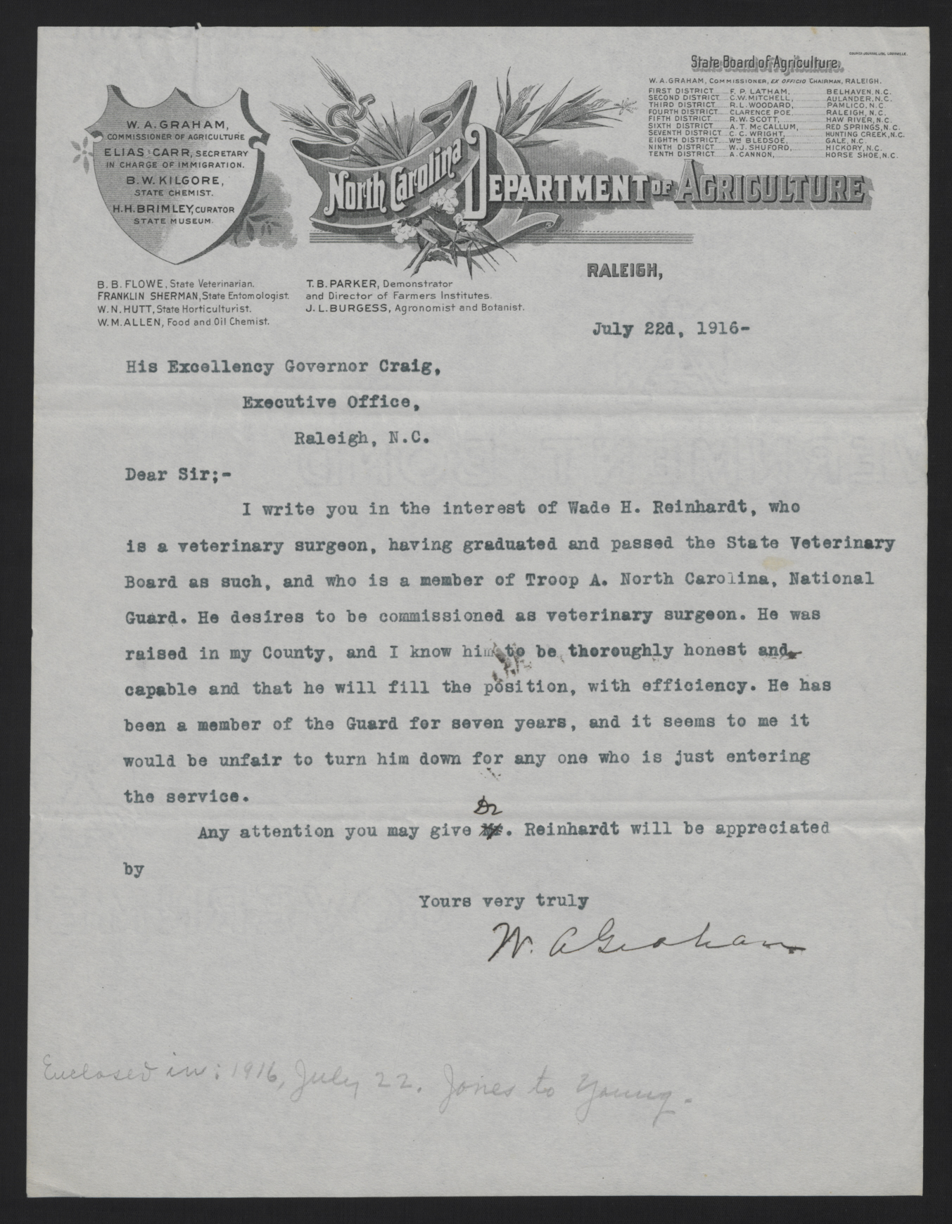 Letter from Graham to Craig, July 22, 1916