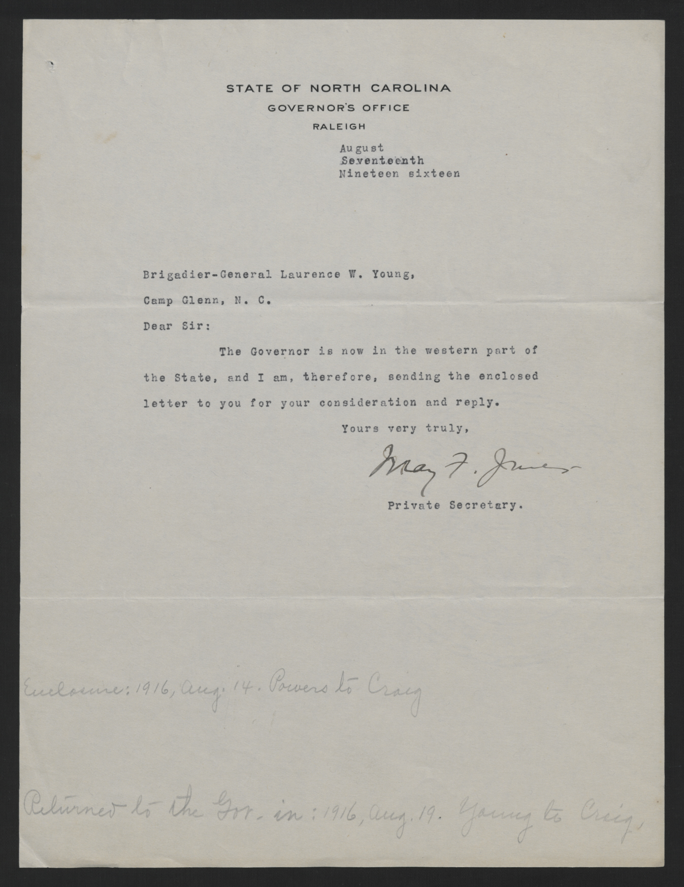 Letter from Jones to Young, August 17, 1916