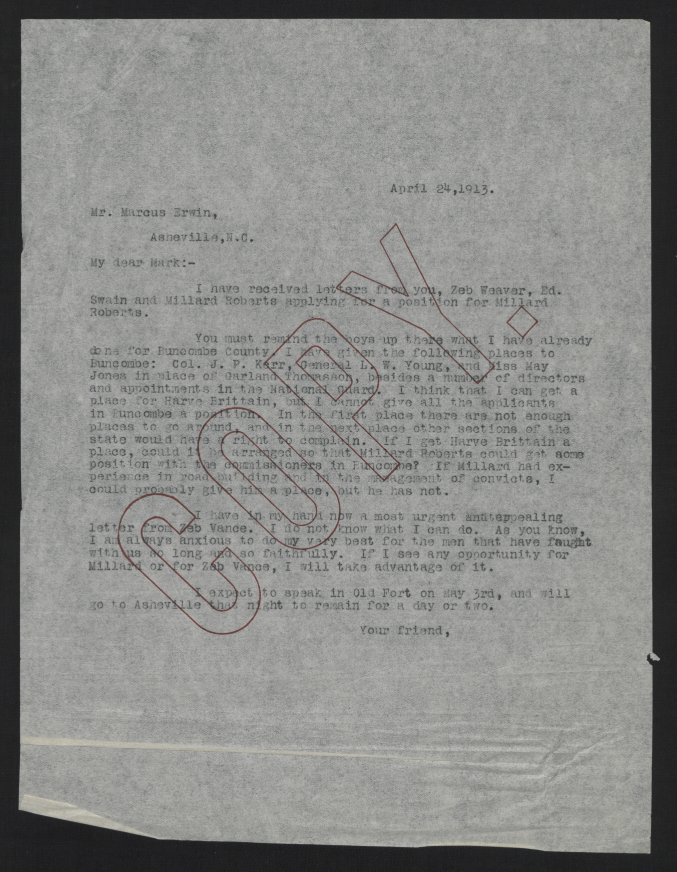 Letter from Craig to Erwin, April 24, 1913
