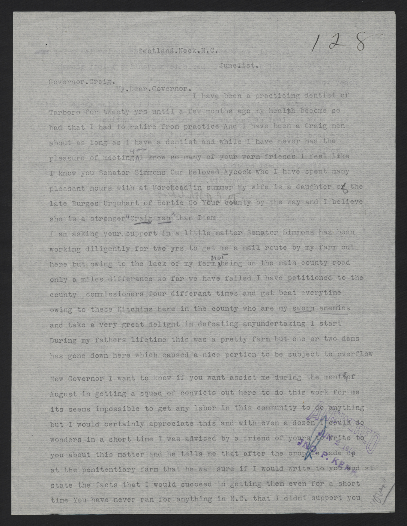Letter from Whitehead to Craig, June 1, 1913, page 1