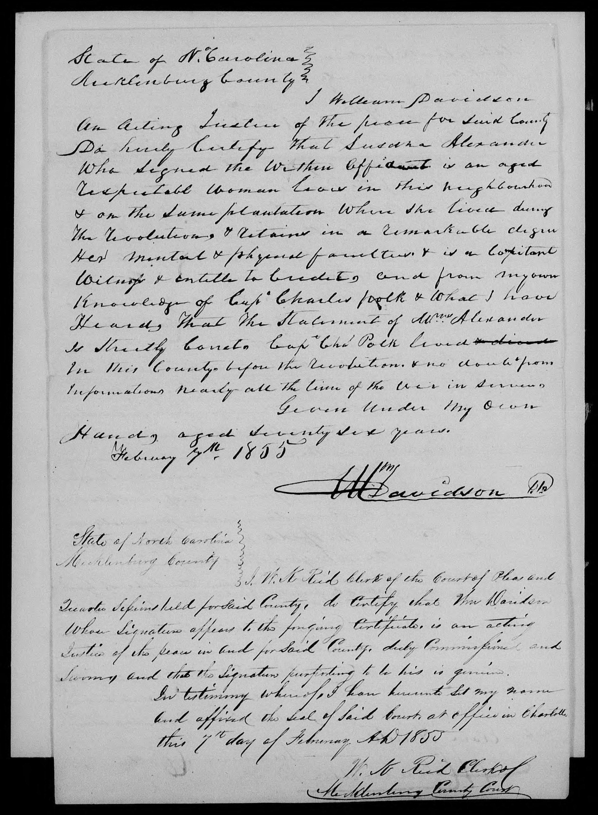 Affidavit of Susana Alexander in support of a Pension Claim for Charles Polk, 7 February 1855, page 2