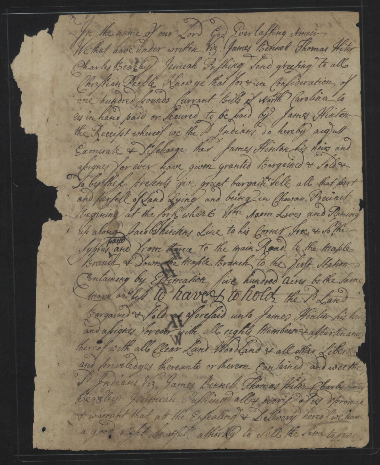 Land Sale from James Bennett and Chowan Indians, 9 January 1733, page 1