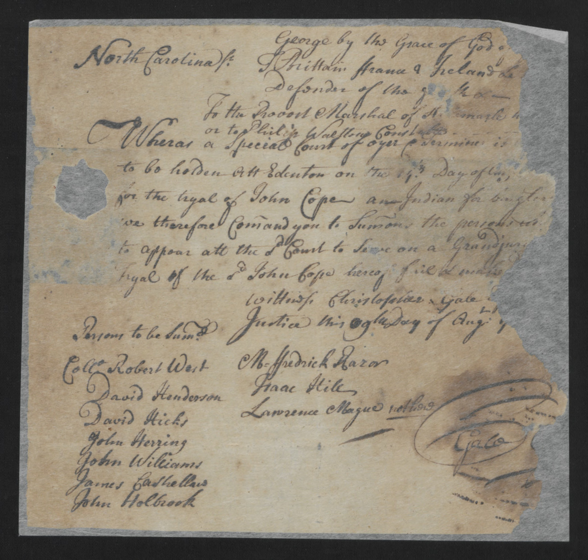 Grand Jury Summons for Trial of John Cope, 9 August 1722