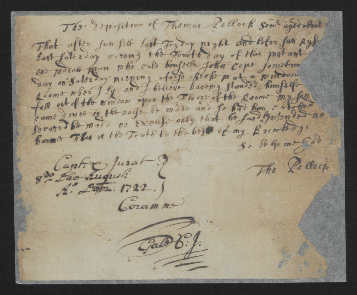 Deposition of Thomas Pollock, 8 August 1722