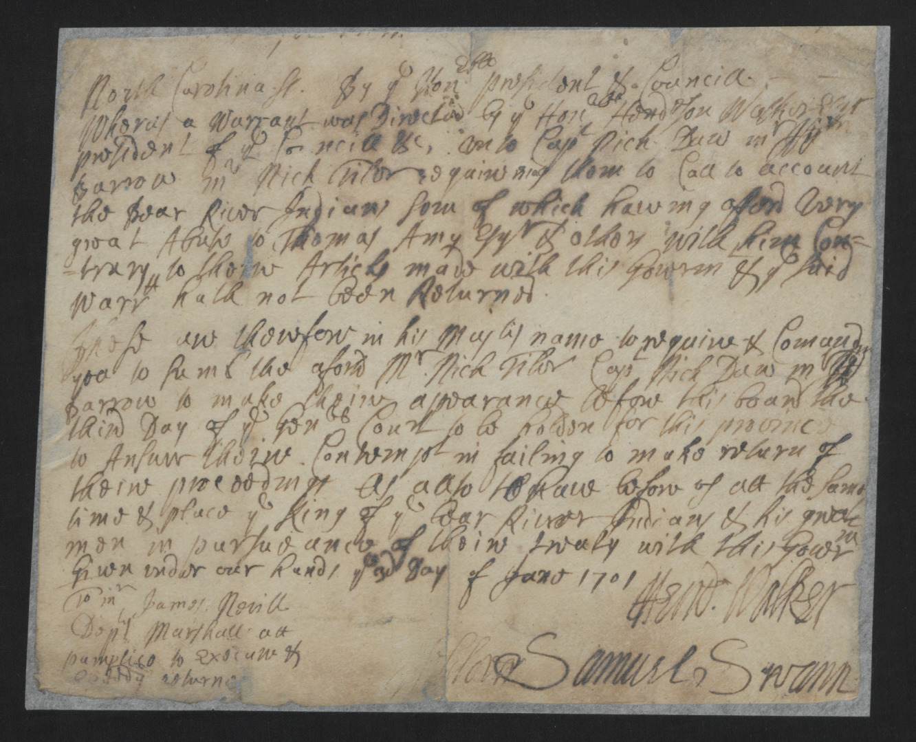 Warrant for Rick Daw to Testify Against the Bear River Indians, 3 January 1701, page 1