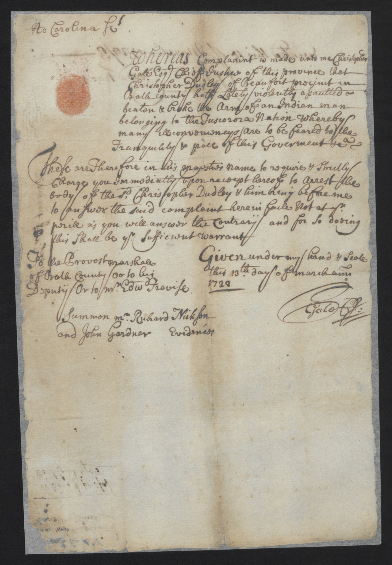 Court Summons for Richard Nixon and John Gardiner, 13 March 1722, page 1