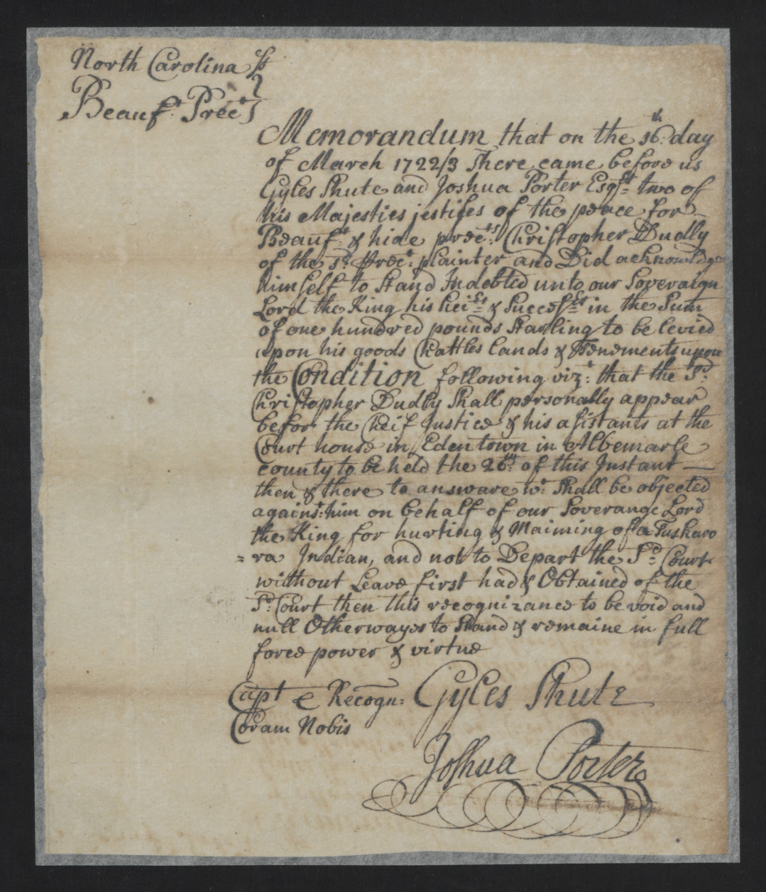 Bond for Appearance for Christopher Dudley, 16 March 1722, page 1