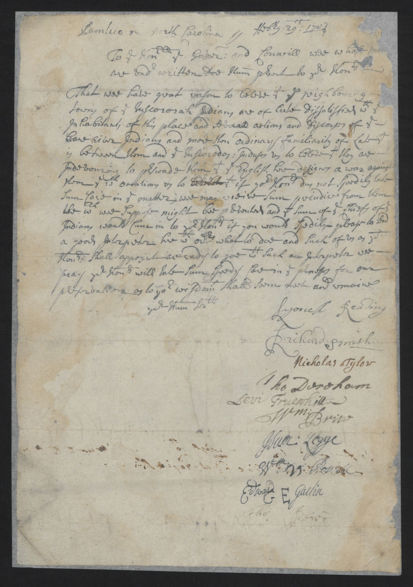 Petition of Lyon Reading et al., 29 February 1703, page 1