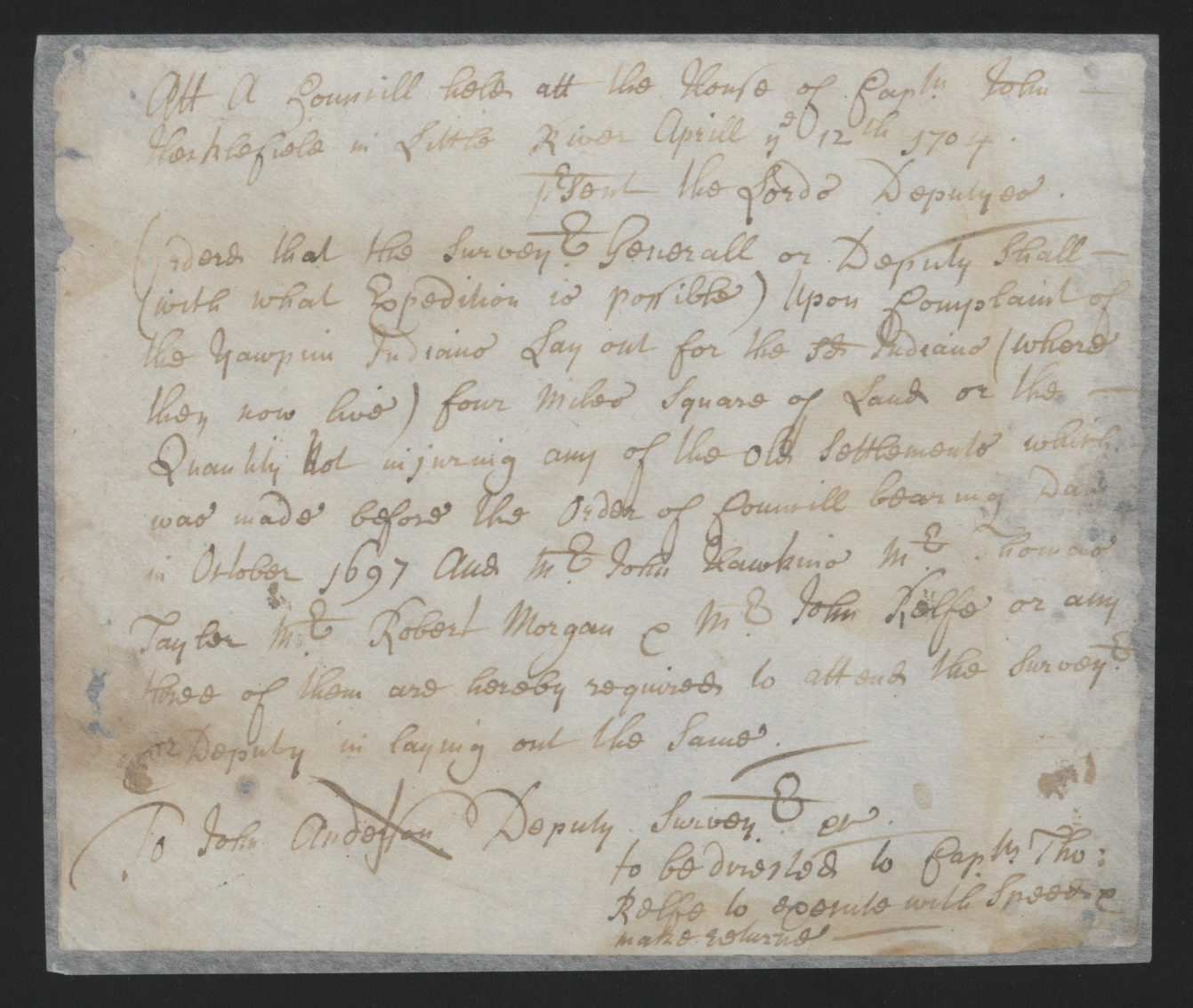 Order from the North Carolina Council for a Land Survey at the Request of the Yawpin Indians, 12 April 1704