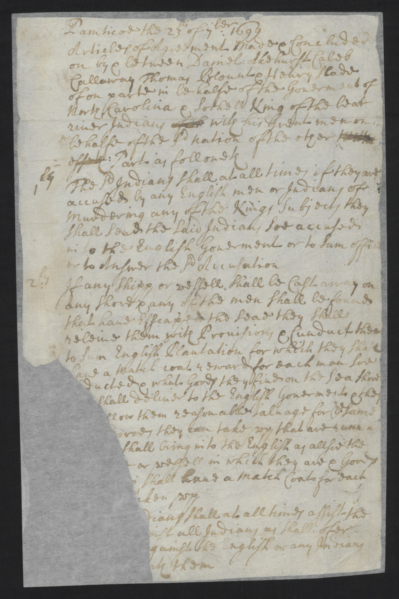 Agreement between the Colony of North Carolina and the Bear River Indians, 23 September 1699, page 1