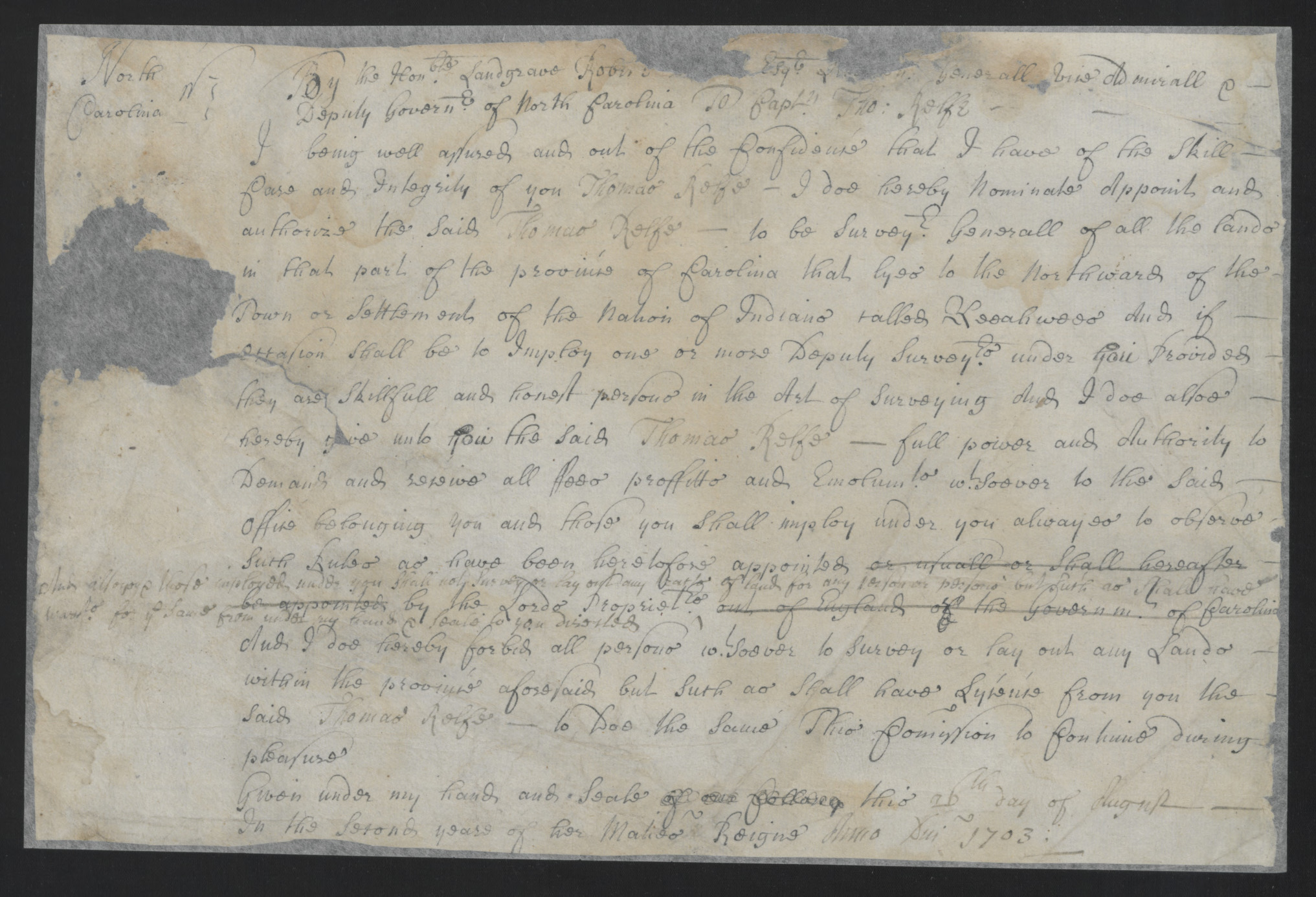 Commission from Landgrave Robert to Thomas Relfe, 21 August 1703