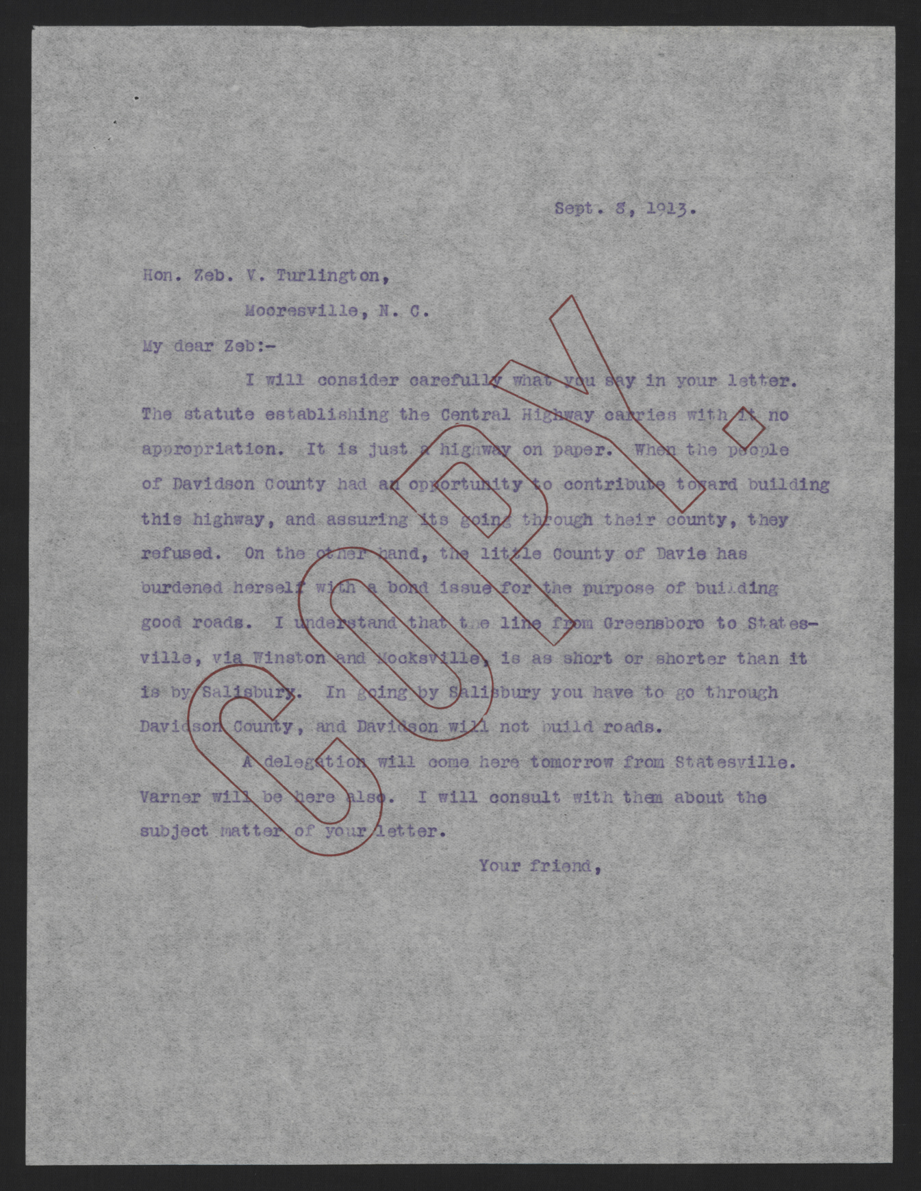 Letter from Craig to Turlington, September 8, 1913