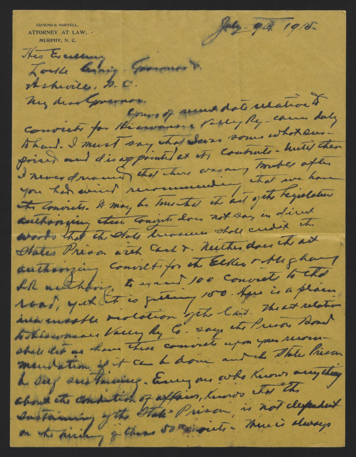 Letter from Norvell to Craig, July 9, 1915, page 1