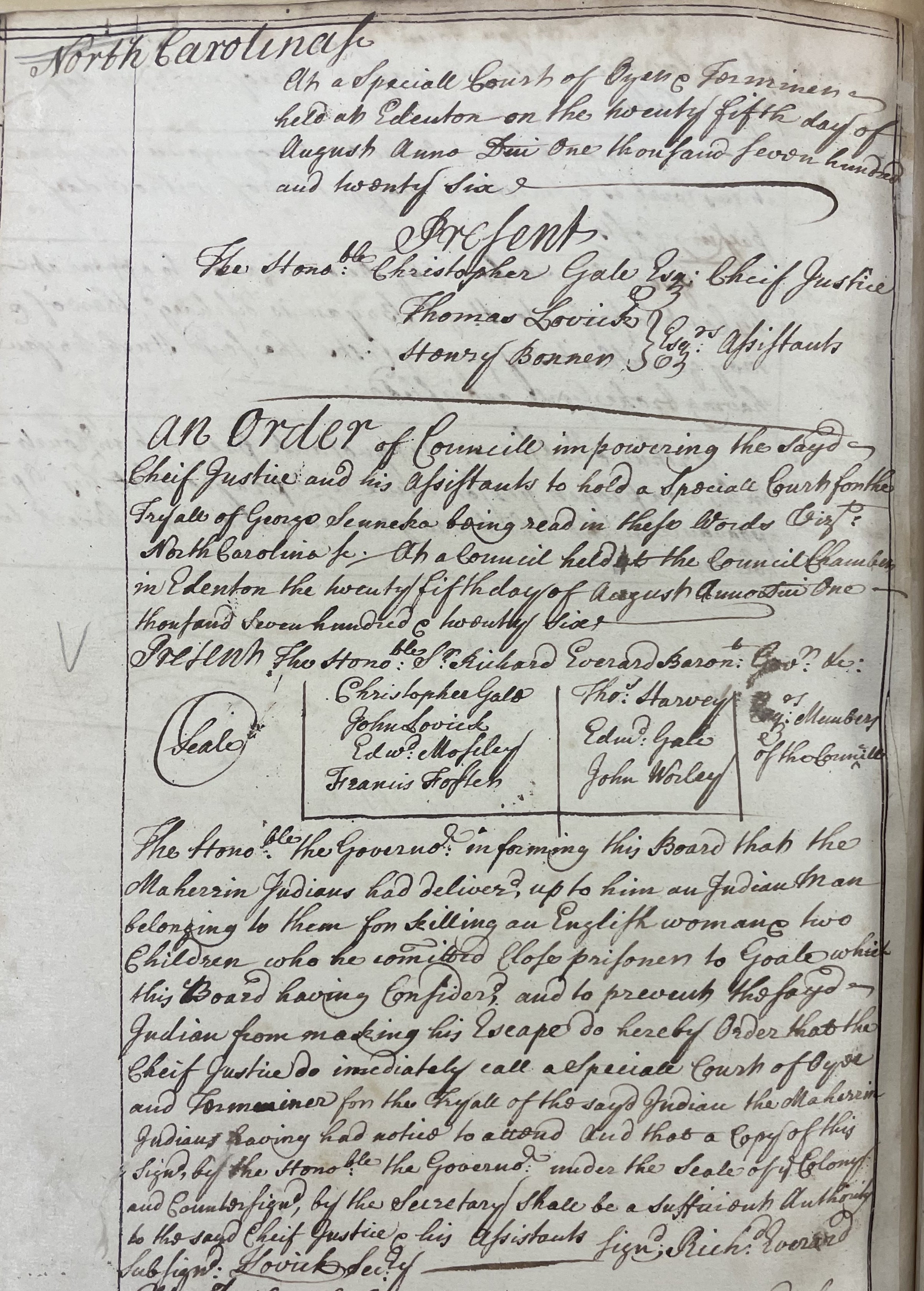 Minutes of the North Carolina General Court, 25-26 August 1726, page 1