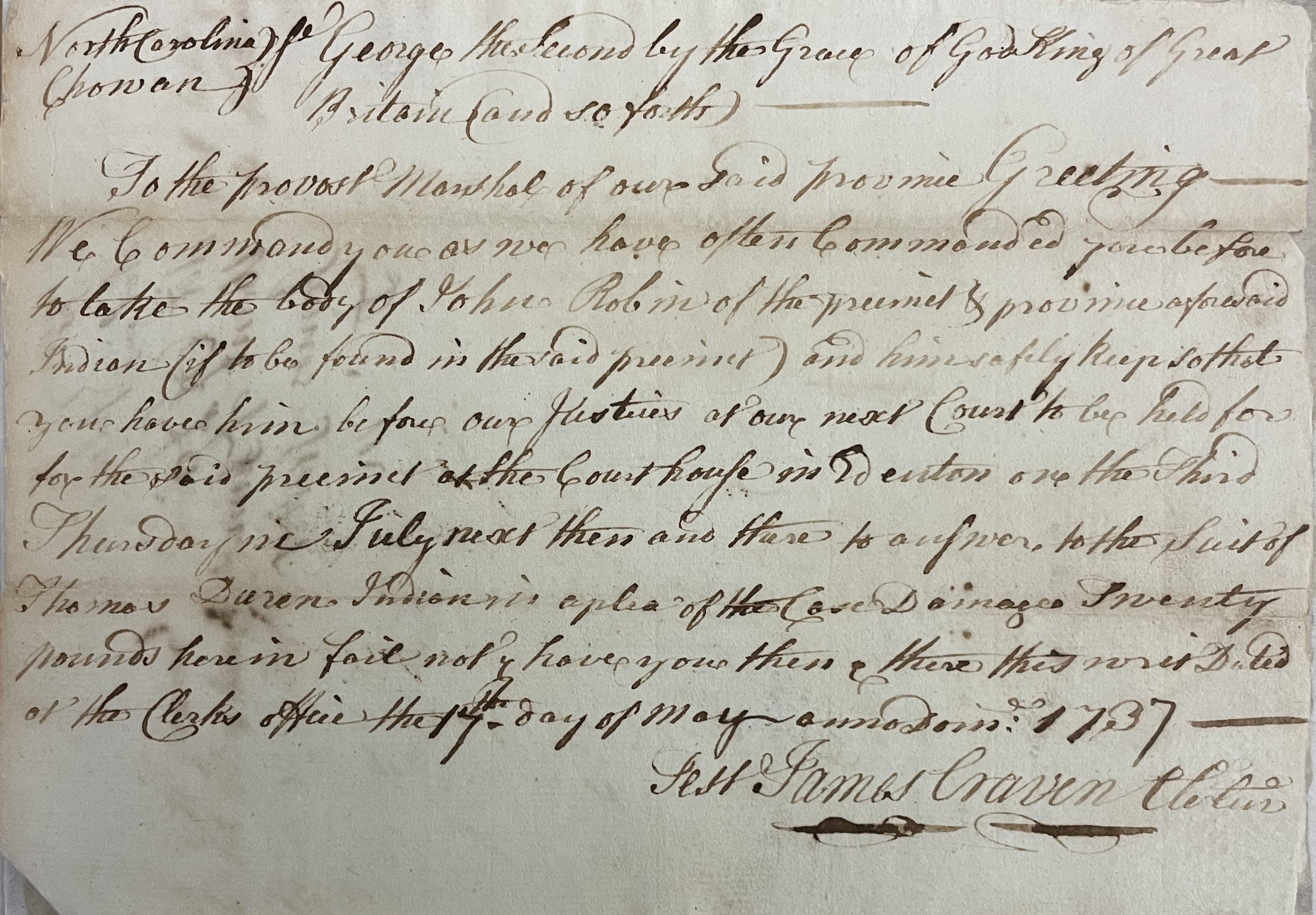 Warrant from James Craven to James Trotter for John Robbin, 17 May 1737, page 1