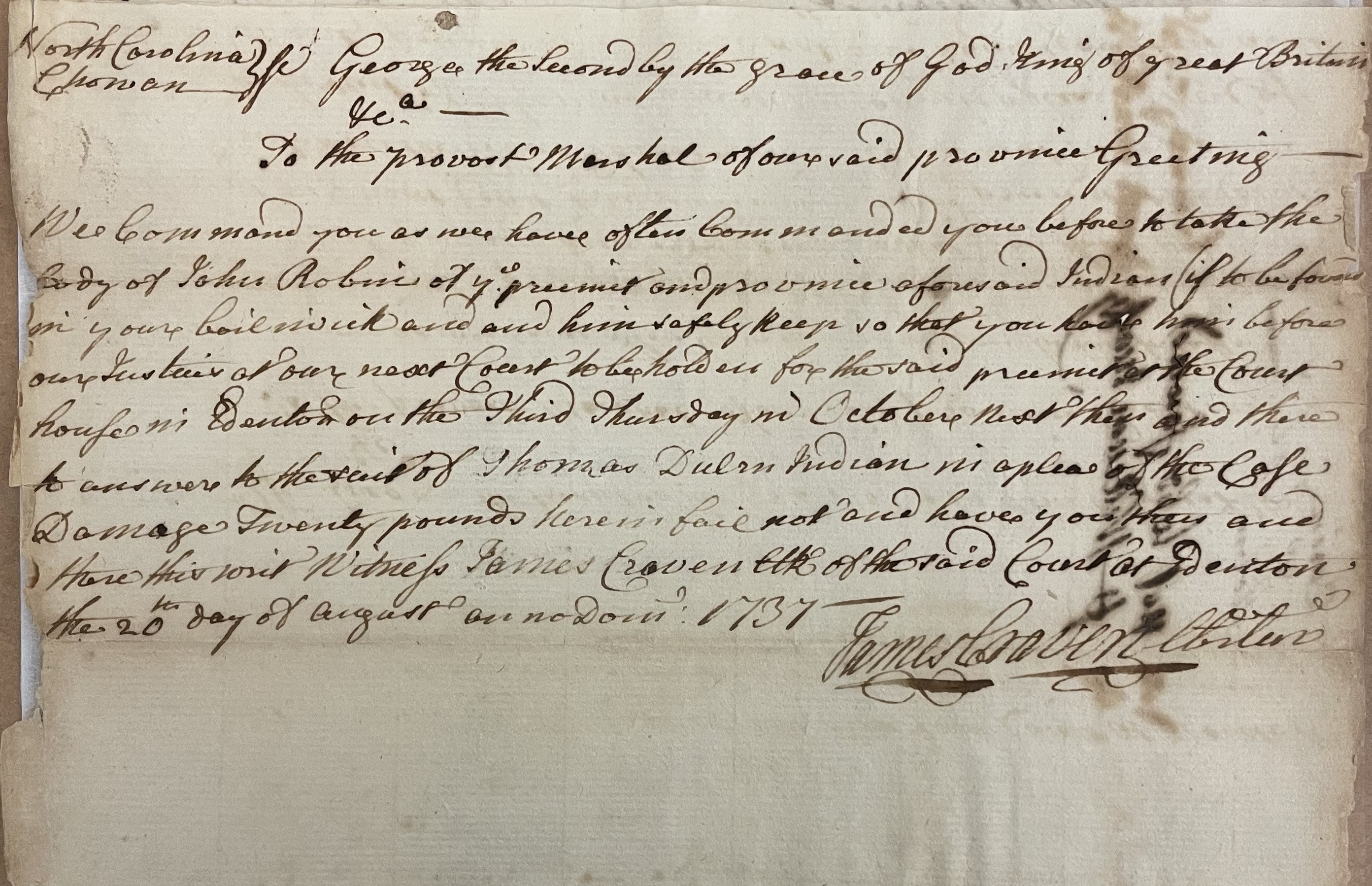 Warrant from James Craven to William Macky for John Robbin, 20 August 1737, page 1