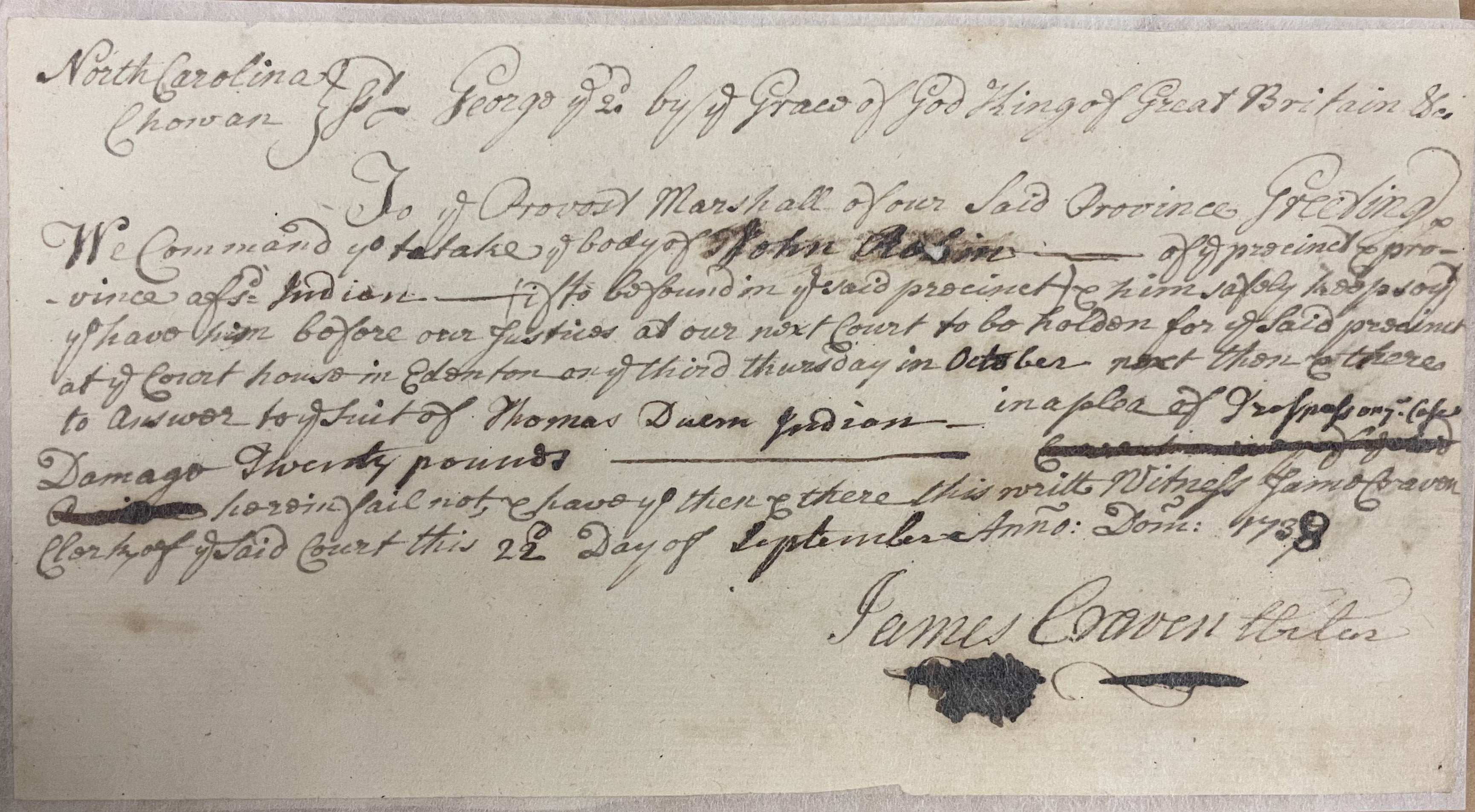 Warrant from James Craven for John Robbin, 22 September 1738