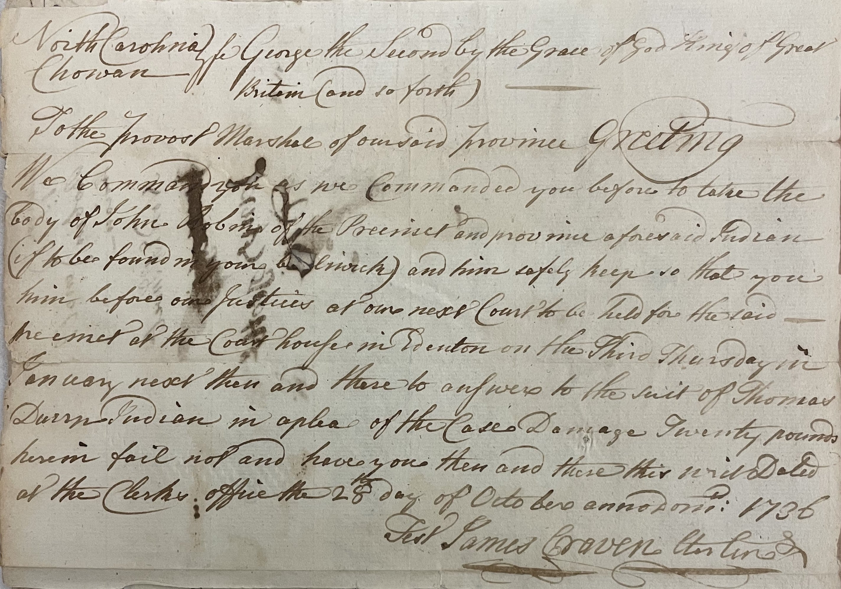 Warrant from James Craven to James Trotter for John Robbin, 28 October 1736, page 1