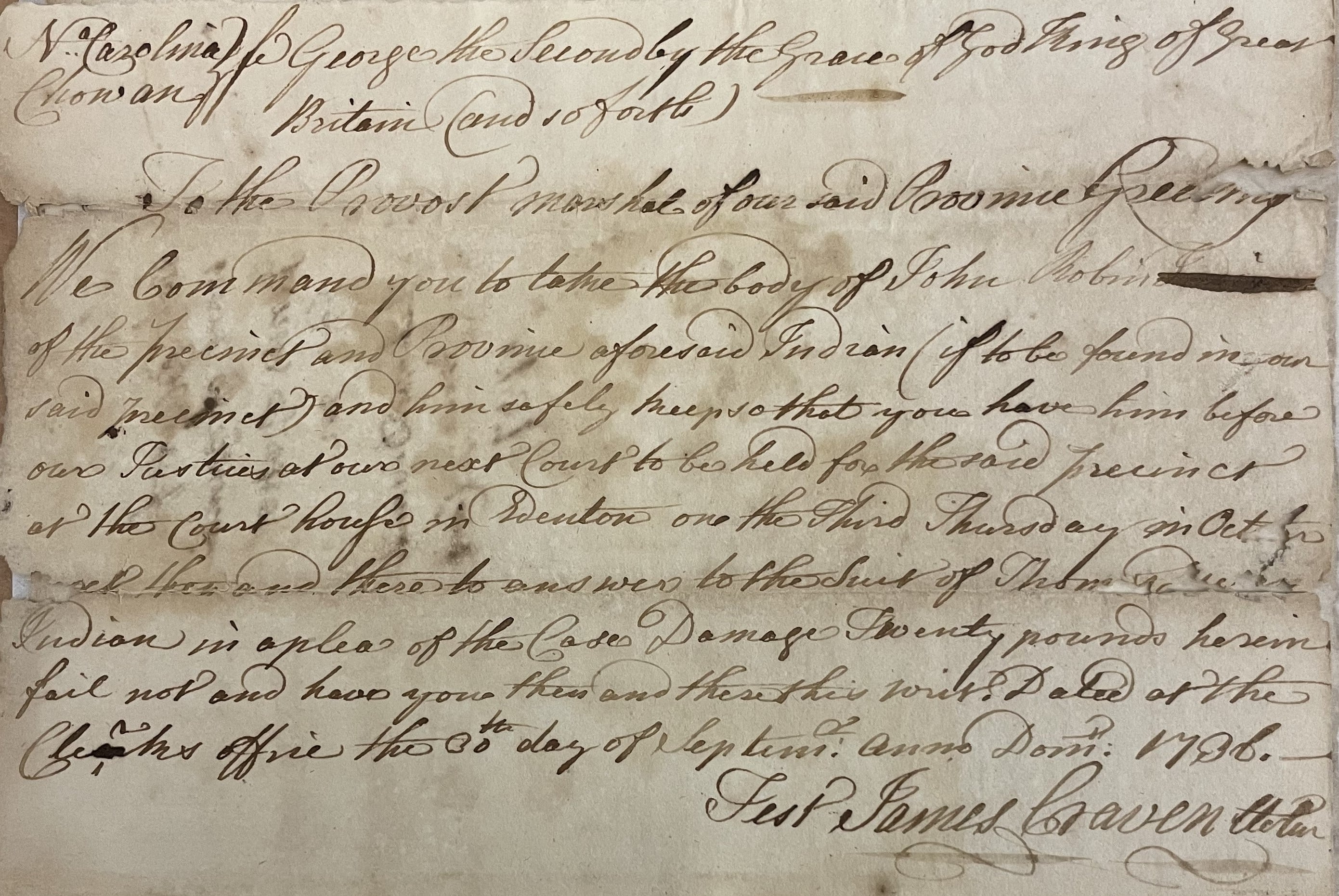 Warrant from James Craven to James Trotter for John Robbin, 30 September 1736, page 1