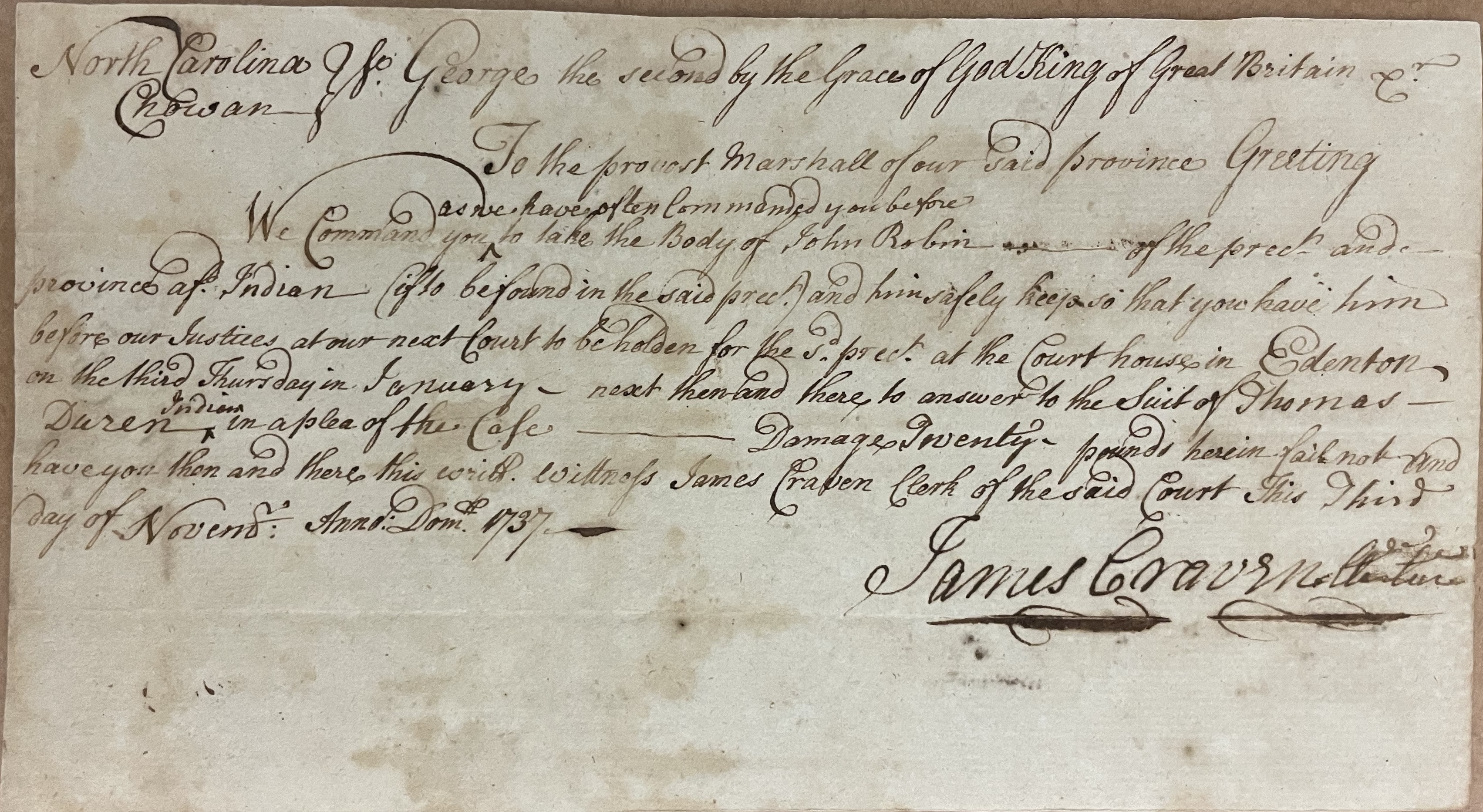 Warrant from James Craven for John Robbin, 3 November 1737