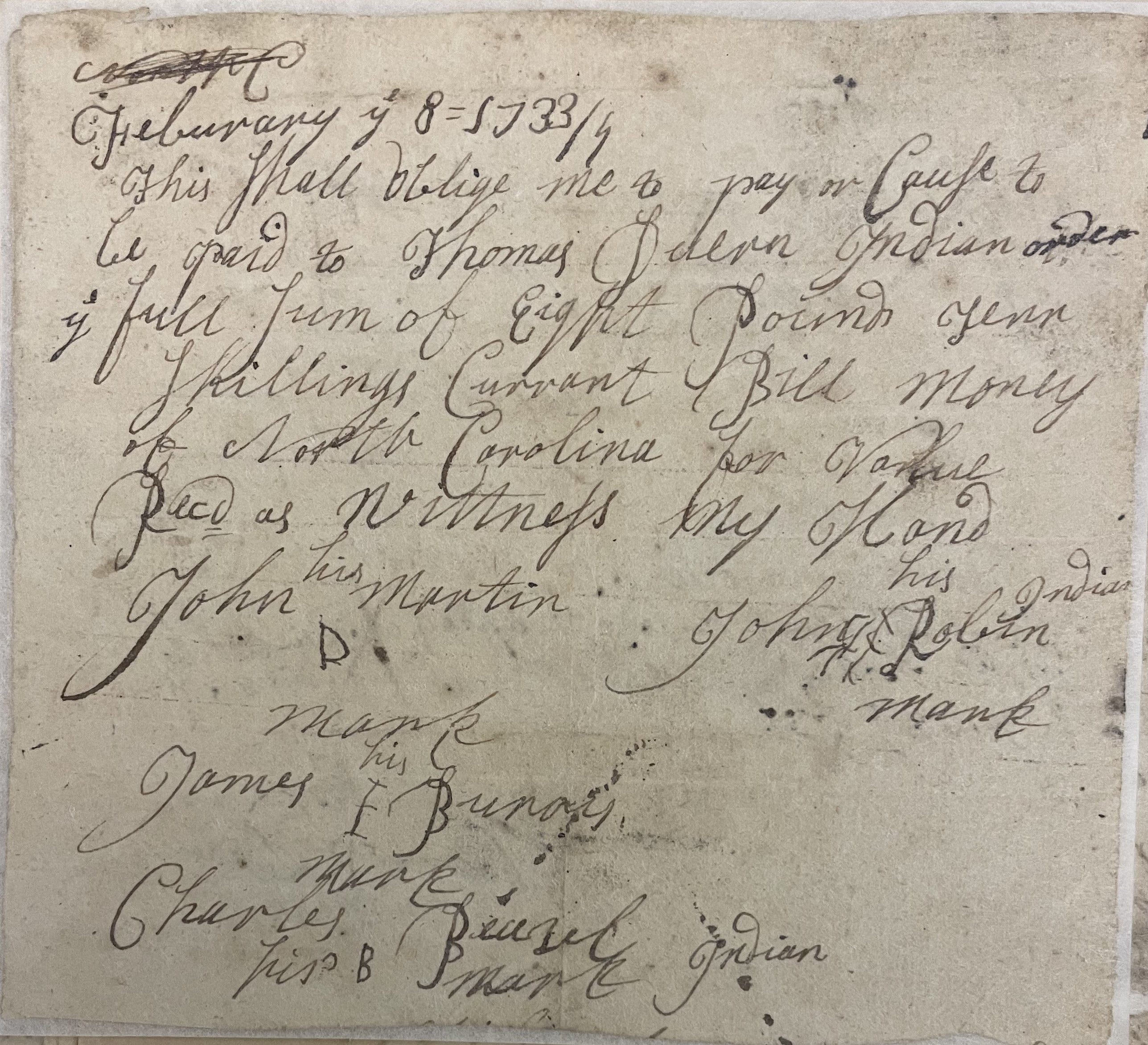 Debt from John Robbin to Thomas Duren, 8 February 1734, page 1