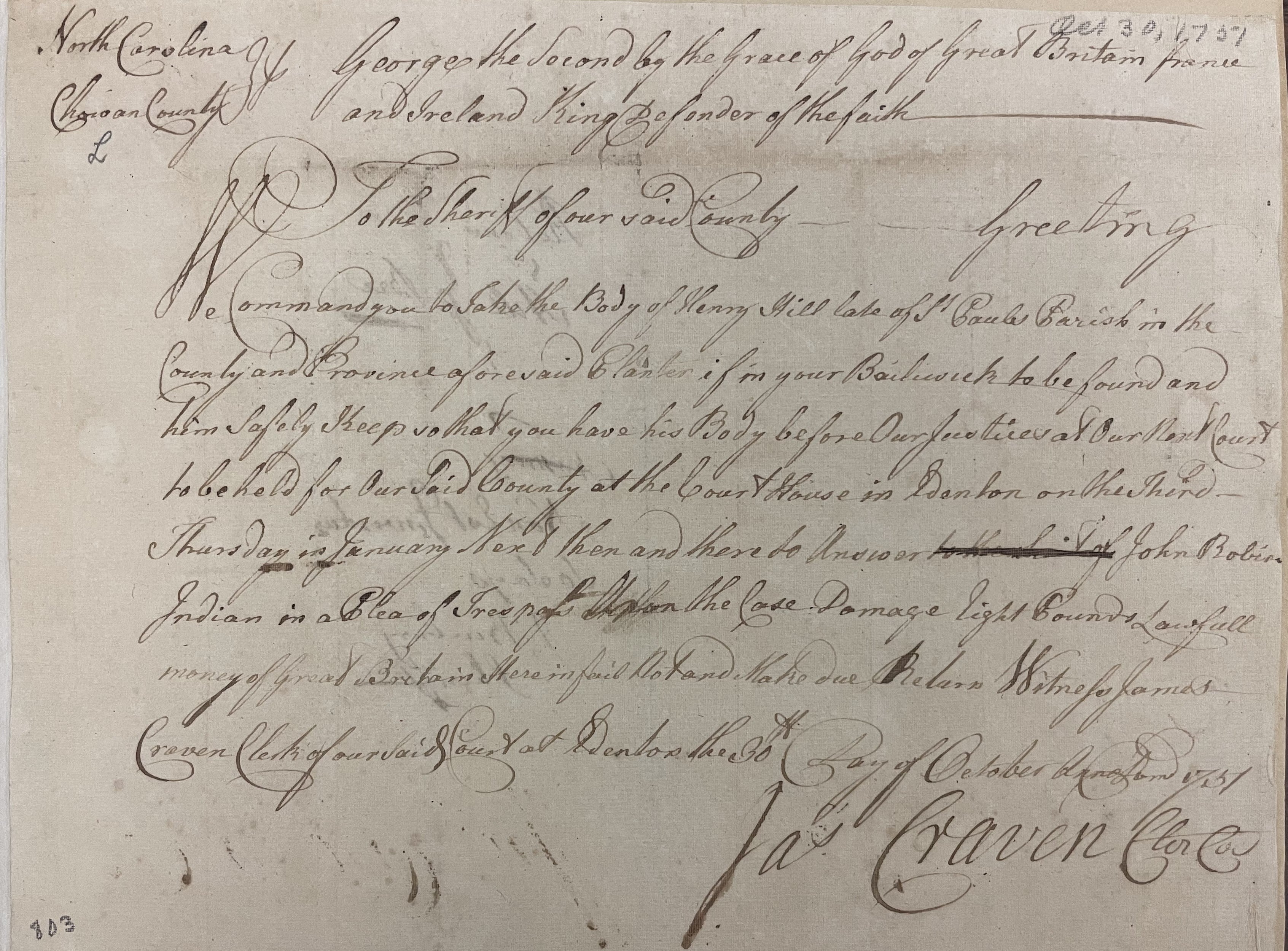 Warrant from James Craven to James Benbury for Henry Hill, 30 October 1751, page 1