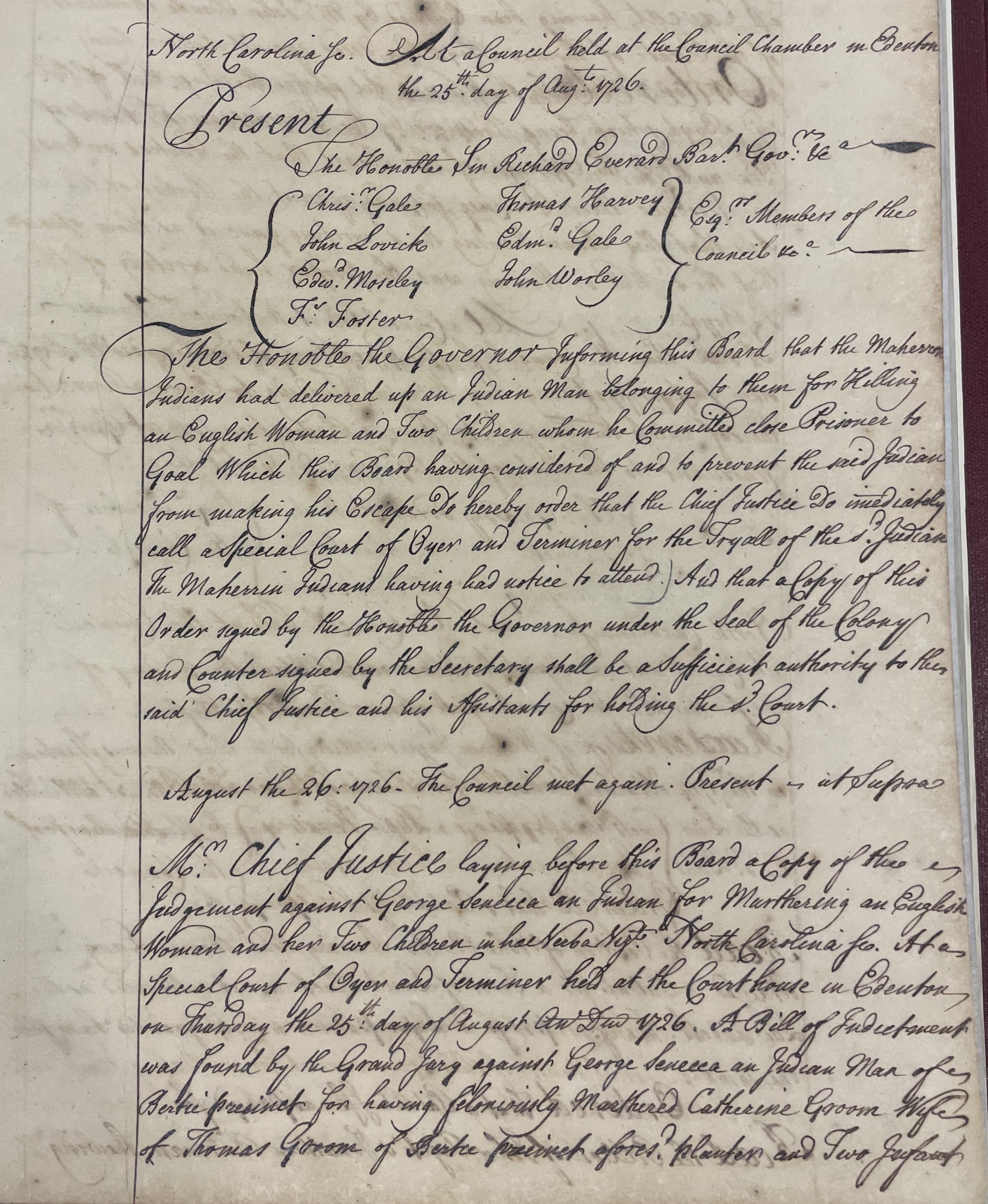 Minutes of the North Carolina Council, 25-26 August 1726