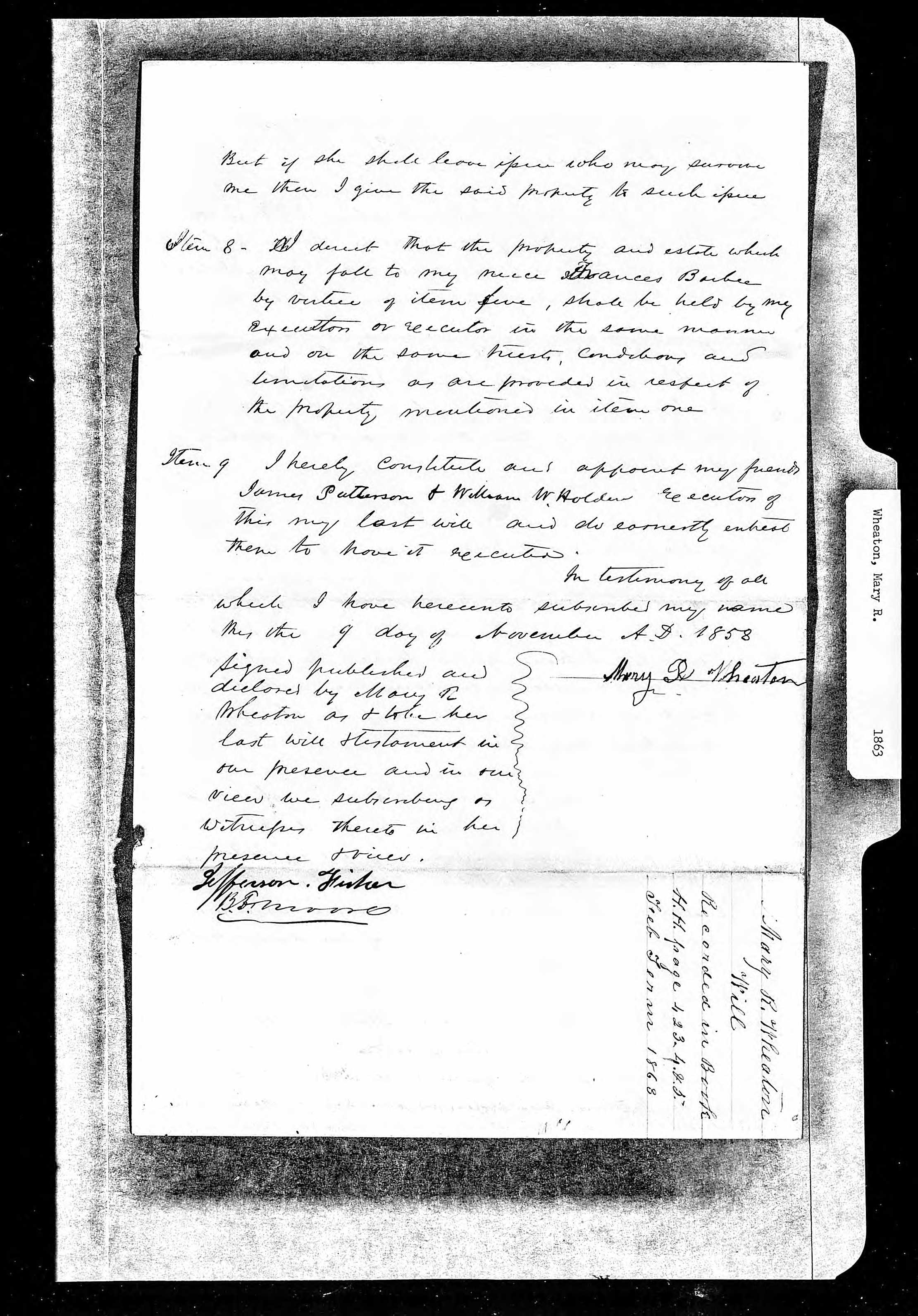 Will of Mary R. Wheaton, November 9, 1858, page 4