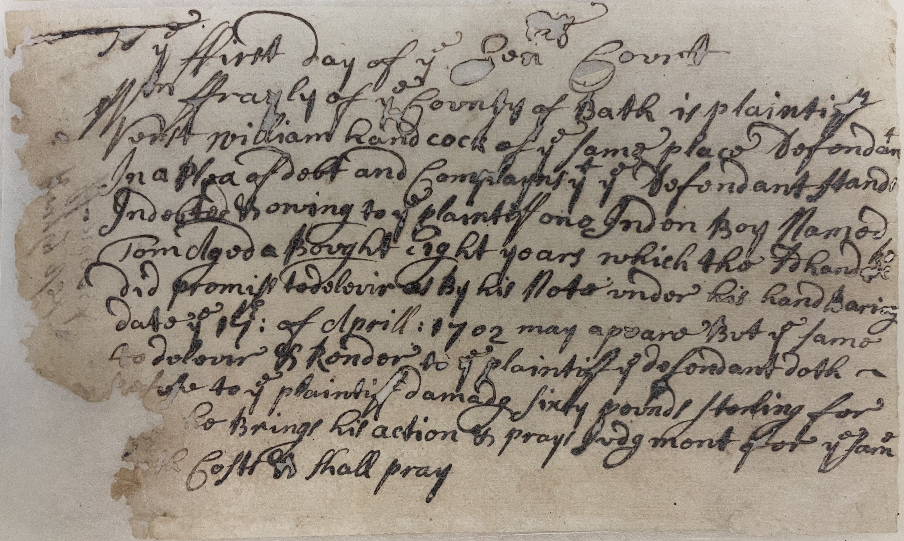 Court Proceedings in the Case of William Frayly vs. William Hancock, 15 April 1702