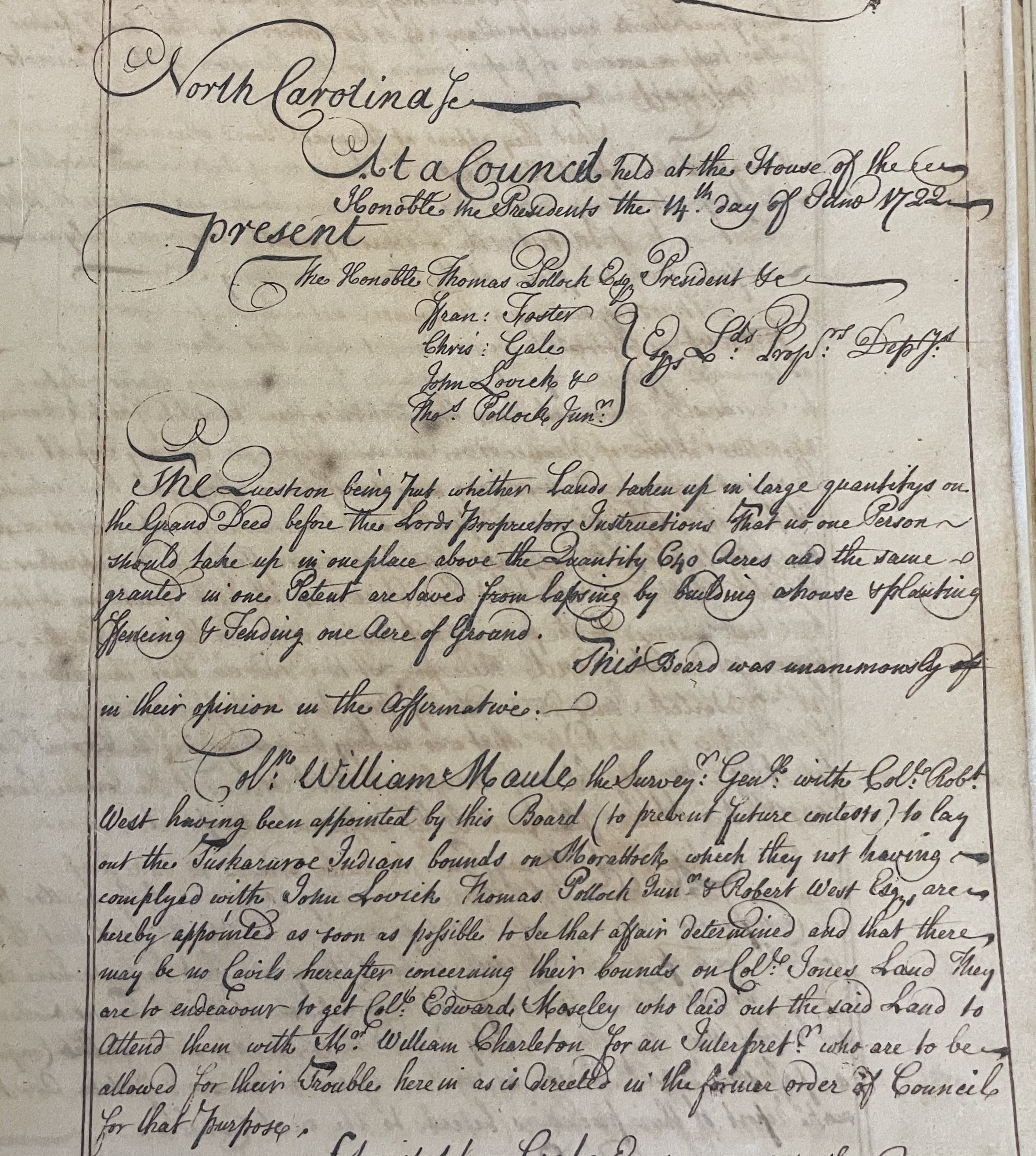 Extract of Minutes of the North Carolina Council, 14 June 1722, page 1