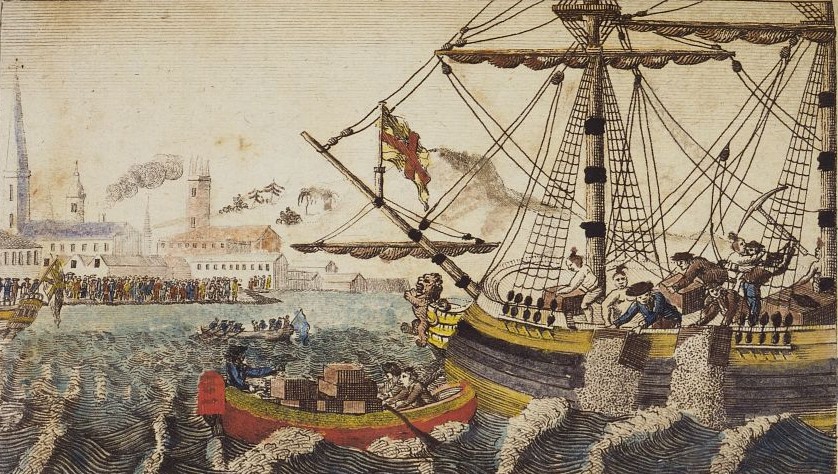 Engraving of the Boston Tea Party, depicts colonists throwing boxes of tea from a ship into the Boston harbor