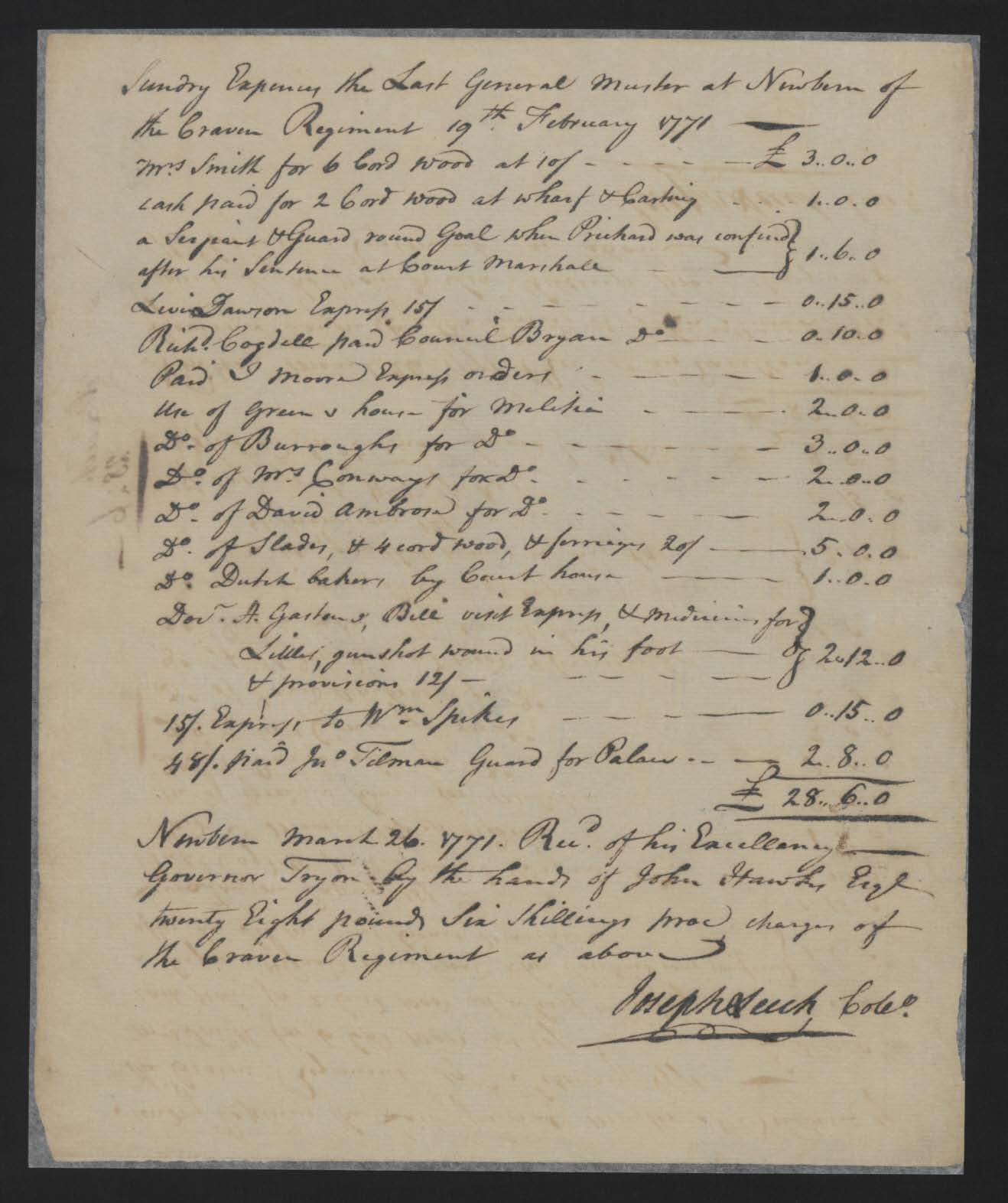 Payments from Joseph Leech on Behalf of the Craven Regiment, 19 February 1771, page 1.