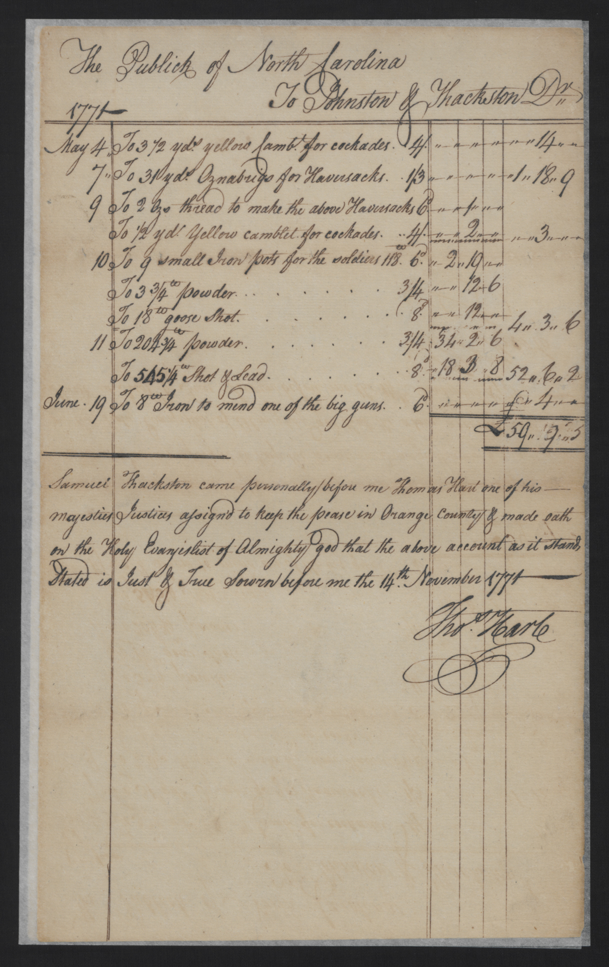 Bill from Samuel Thackston to Thomas Hart, 14 November 1771, page 1.