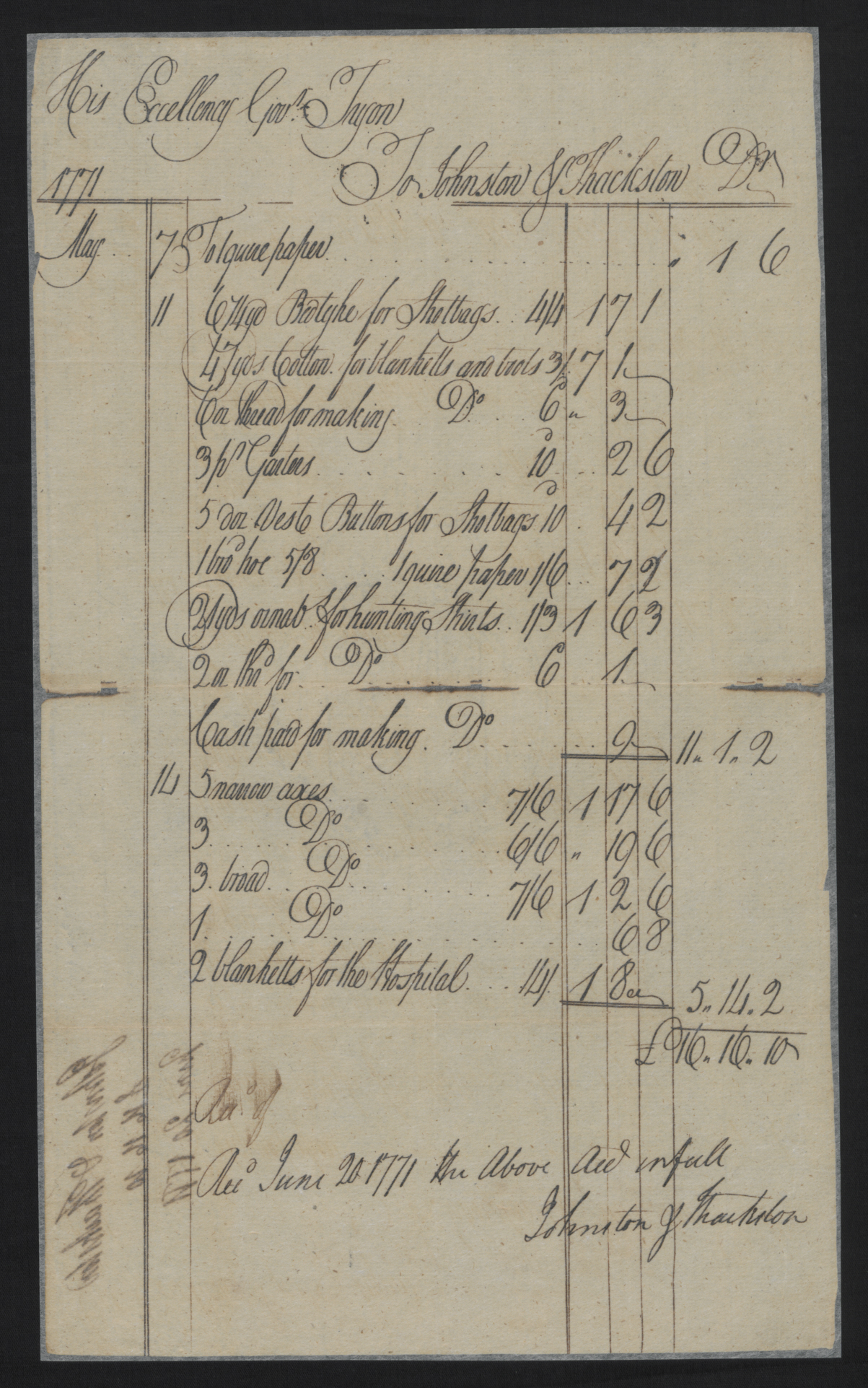 Invoice from James Thackston and William Johnston to the Militia for Supplies, June 20th 1771, page 1