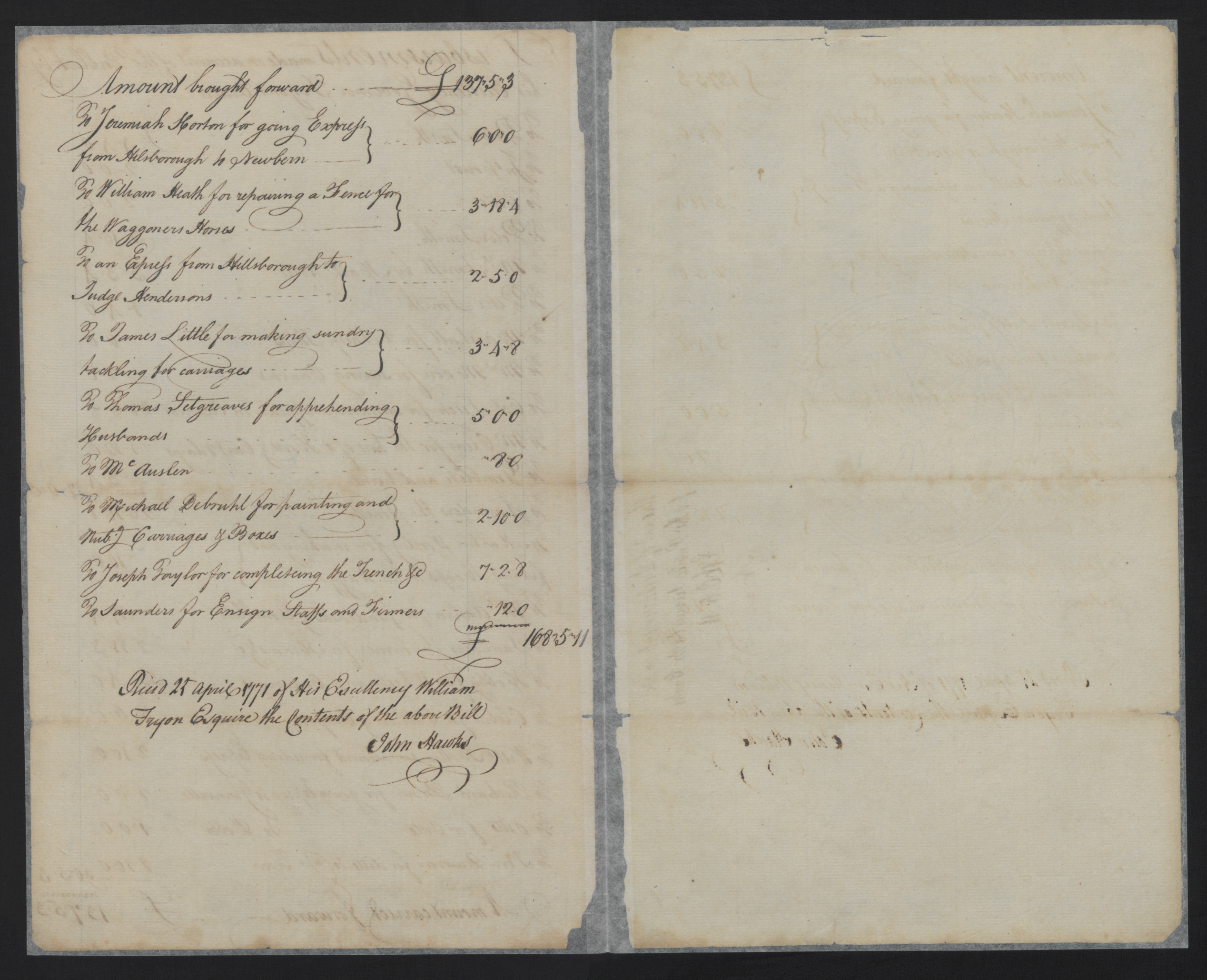 Account of Payments from William Tryon, April 25 1771, page 2.