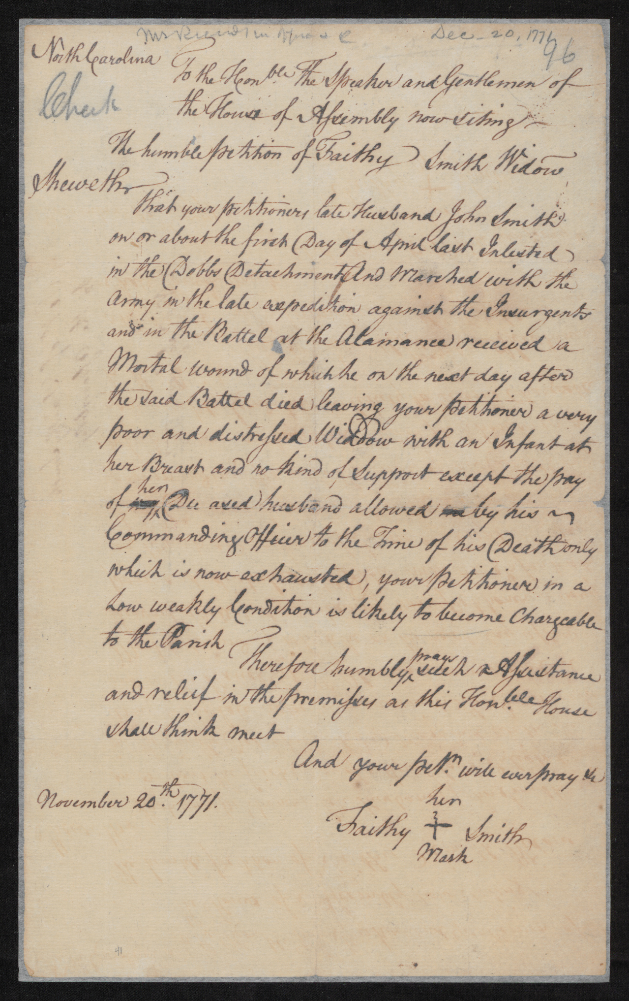 Petition from Faithy Smith to the North Carolina Colonial Assembly for a Pension, 20 November 1771, page 1.