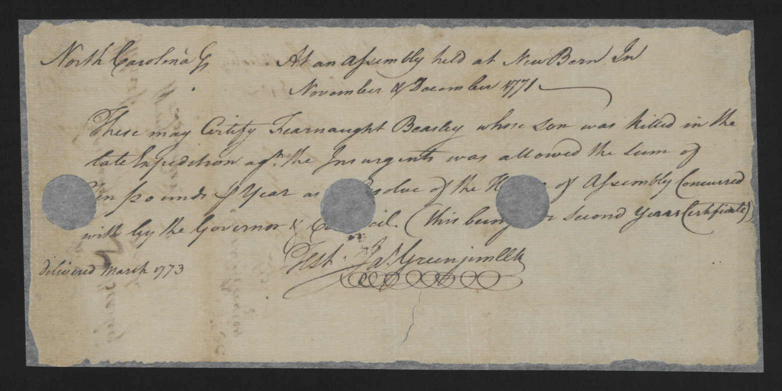 Pension Certificate from the North Carolina Colonial Assembly to Fearnaught Beasley, March 1773, page 1.