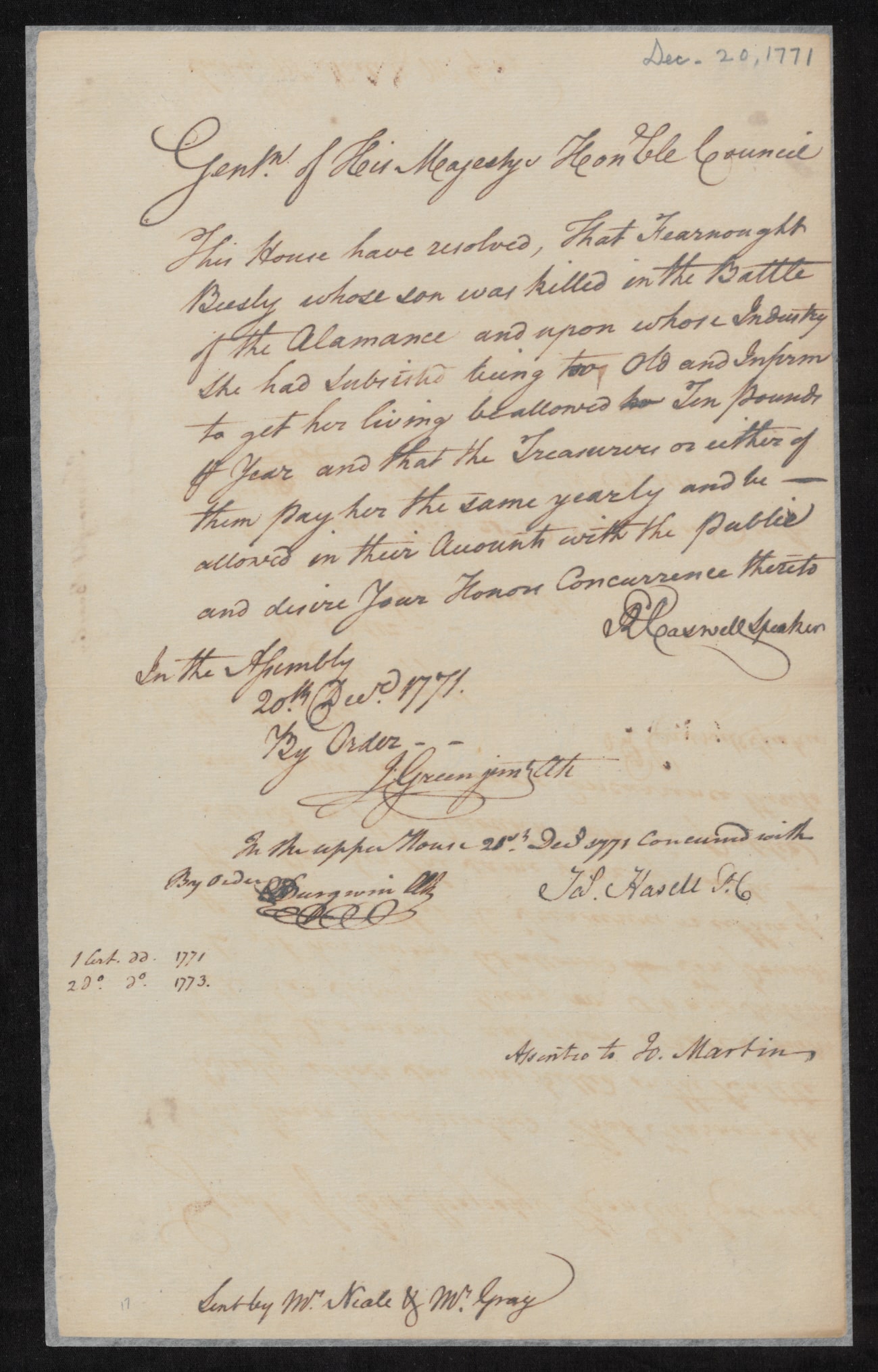 Resolution from the North Carolina Colonial Assembly to Fearnaught Beasley for a Pension, 20 December 1771, page 1