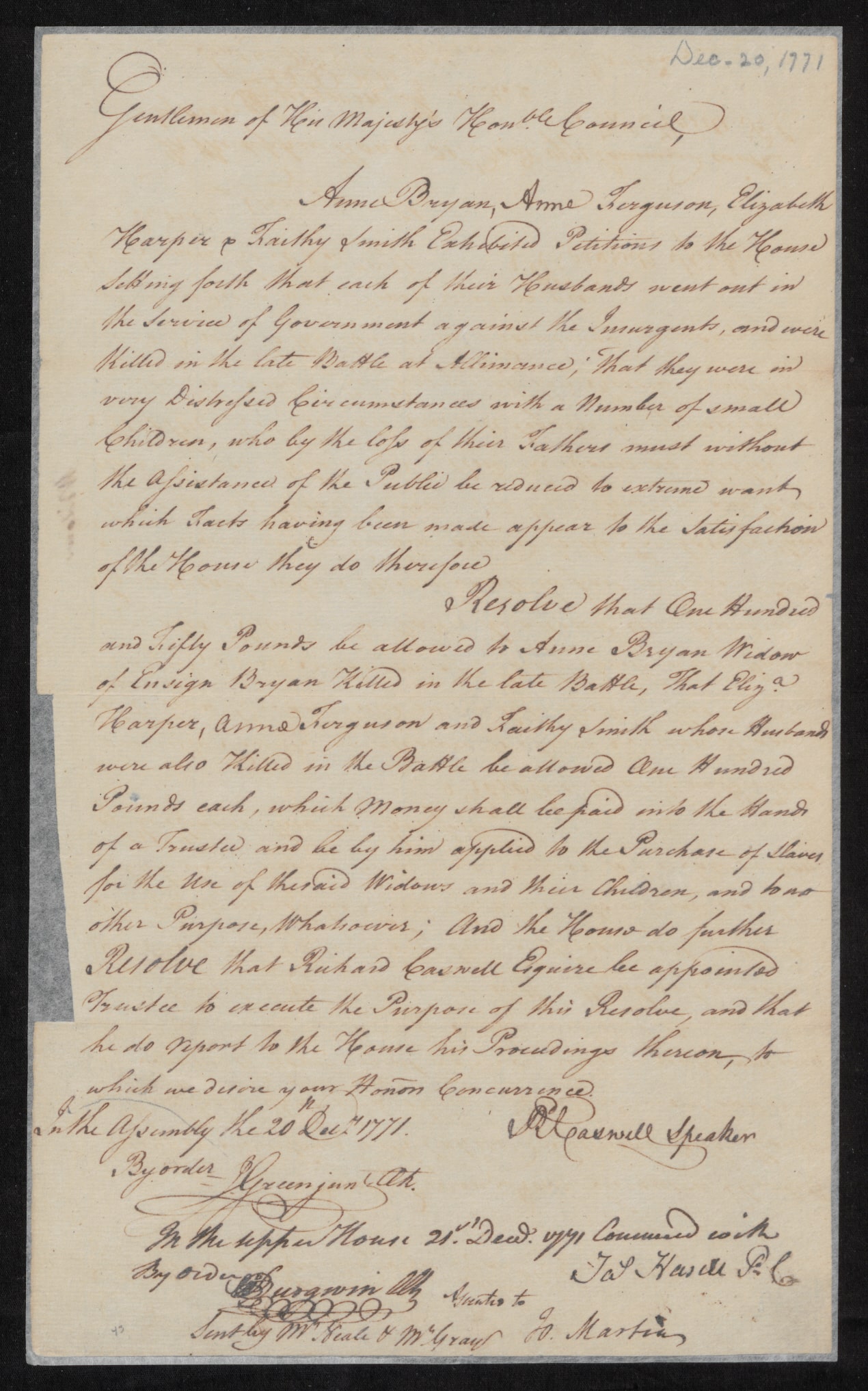 Resolution from the North Carolina Colonial Assembly to Anne Bryan, Anne Ferguson, Elizabeth Harper, & Faithy Smith for Pensions, 21 December 1771, page 1