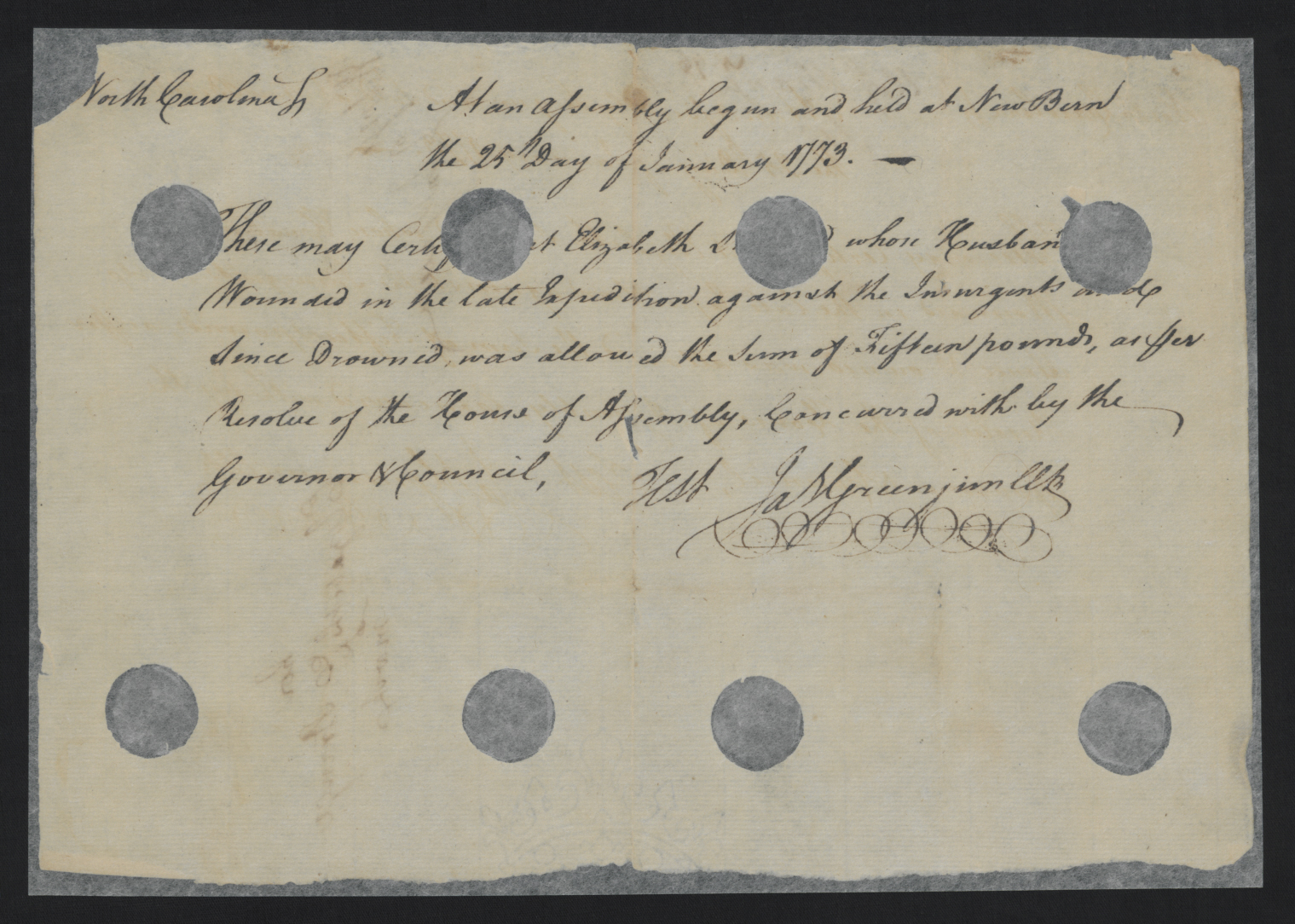 Pension Certificate from the North Carolina Colonial Assembly to Elizabeth Strange, 25 January 1773, page 1.