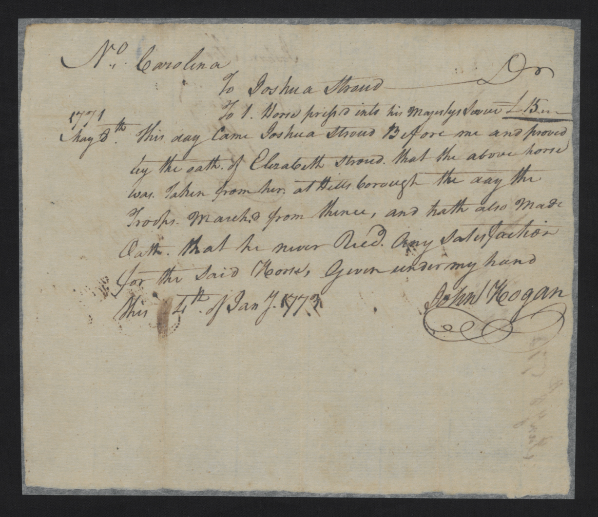 Claim from Joshua Stroud on Behalf of Elizabeth Stroud for the Impressment of a Horse, 4 January 1773, page 1.
